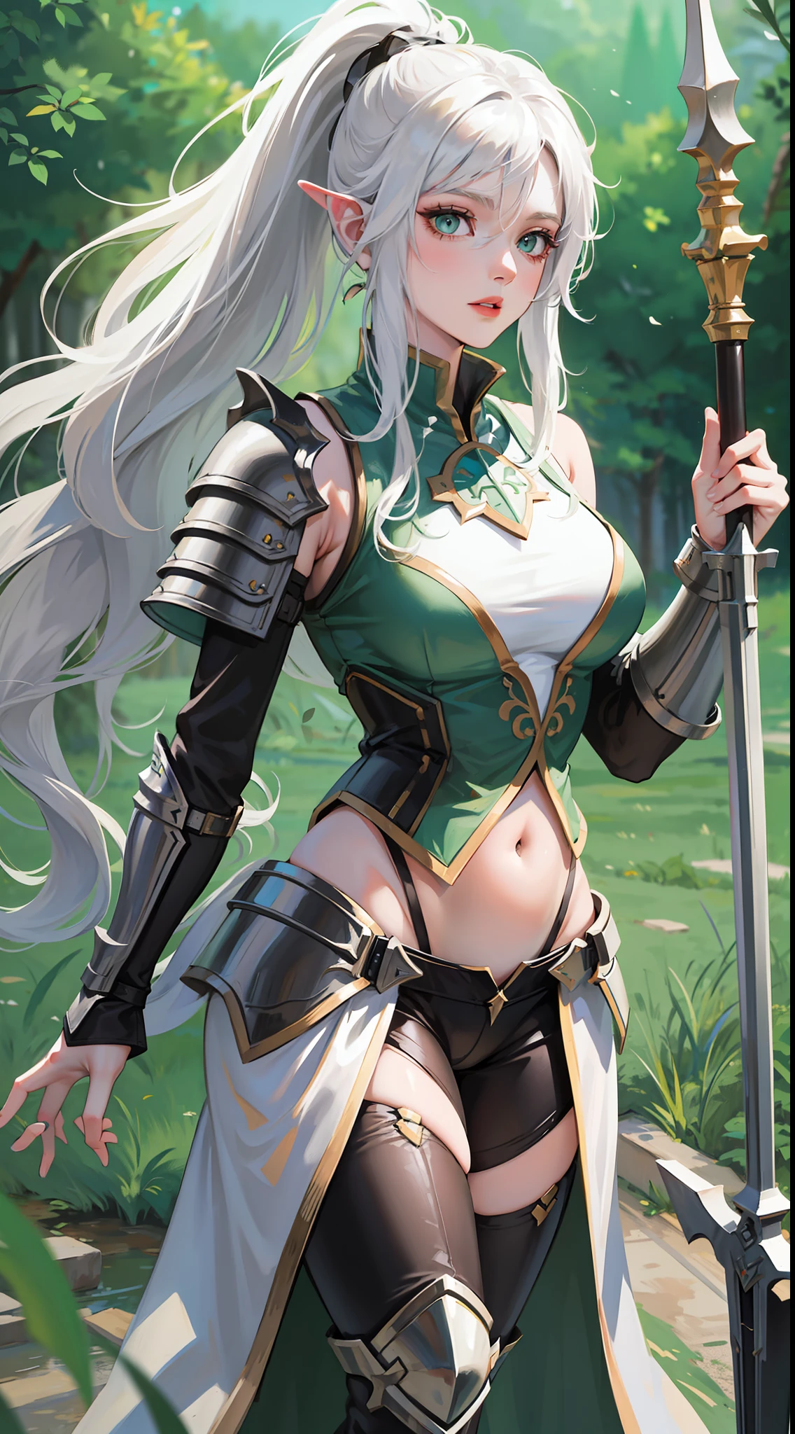 Adult woman, long white hair, high ponytail, green eyes, light knightly armor, sleeveless, open belly, shield, spear, masterpiece, high quality