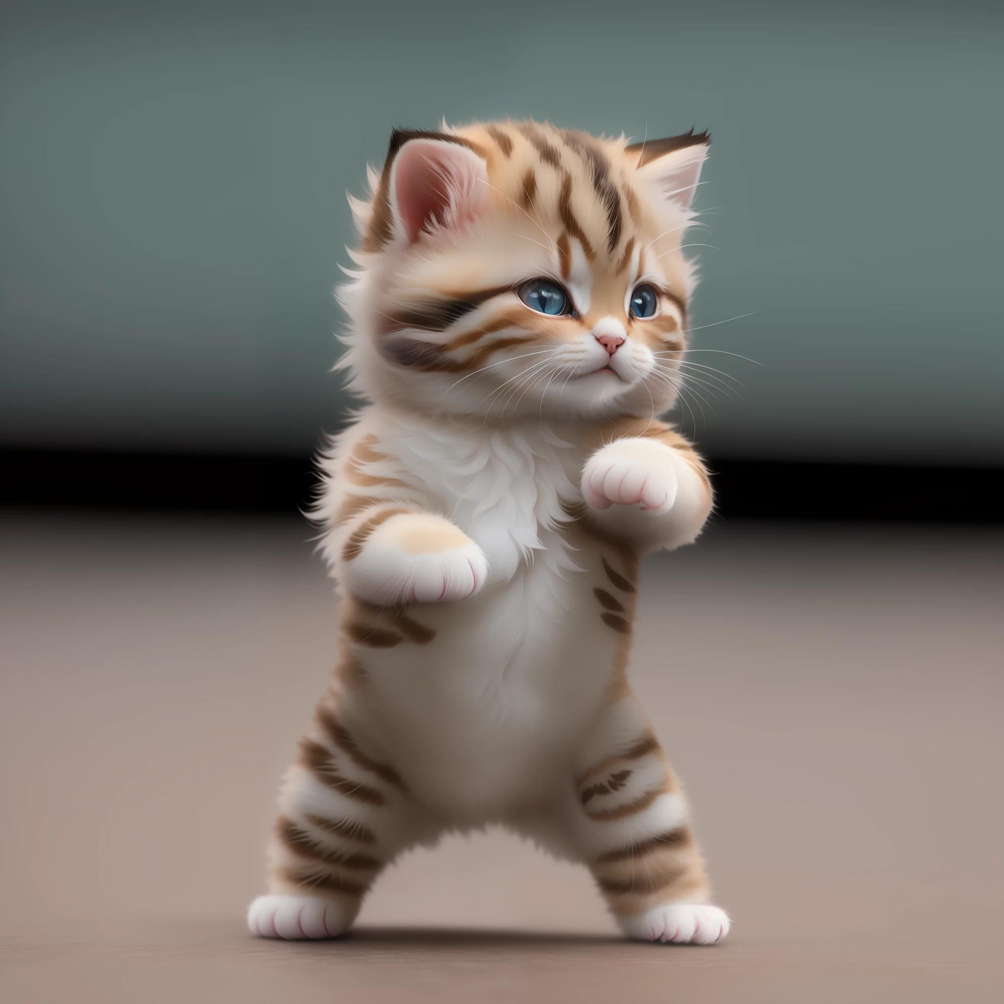 there is a small kitten standing on its hind legs, in a fighting stance, the cutest kitten ever, cute kitten, cute and adorable, an adorable kitten, in a fighting pose, miniature kitten, aww, painfully adorable, adorably cute, awesome cat, cute but determined, adorable appearance!!!, cute cat, fighting stance, doing a sassy pose, he is dancing