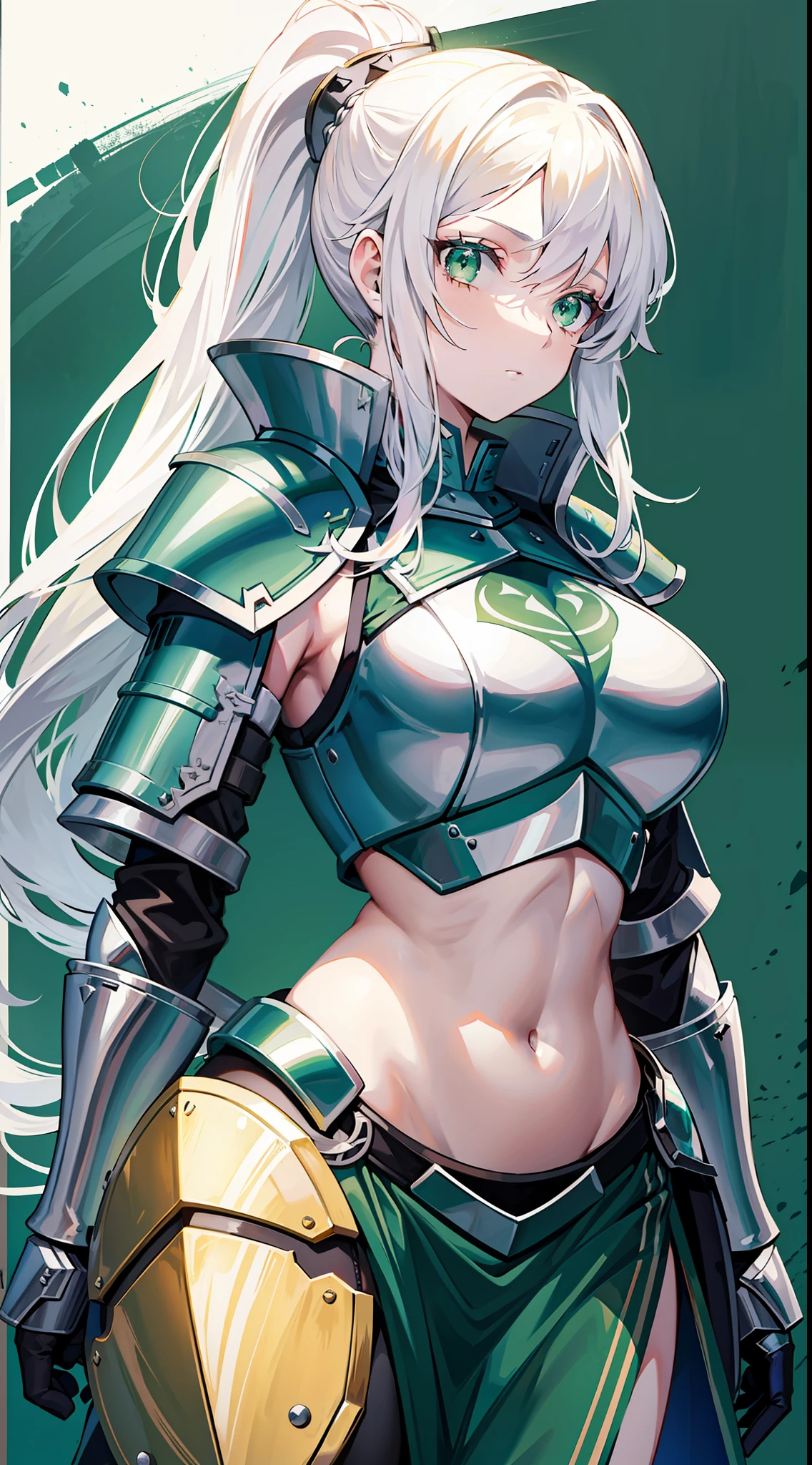 Adult woman, long white hair, high ponytail, green eyes, light knightly armor, sleeveless, open belly, shield, spear, masterpiece, high quality