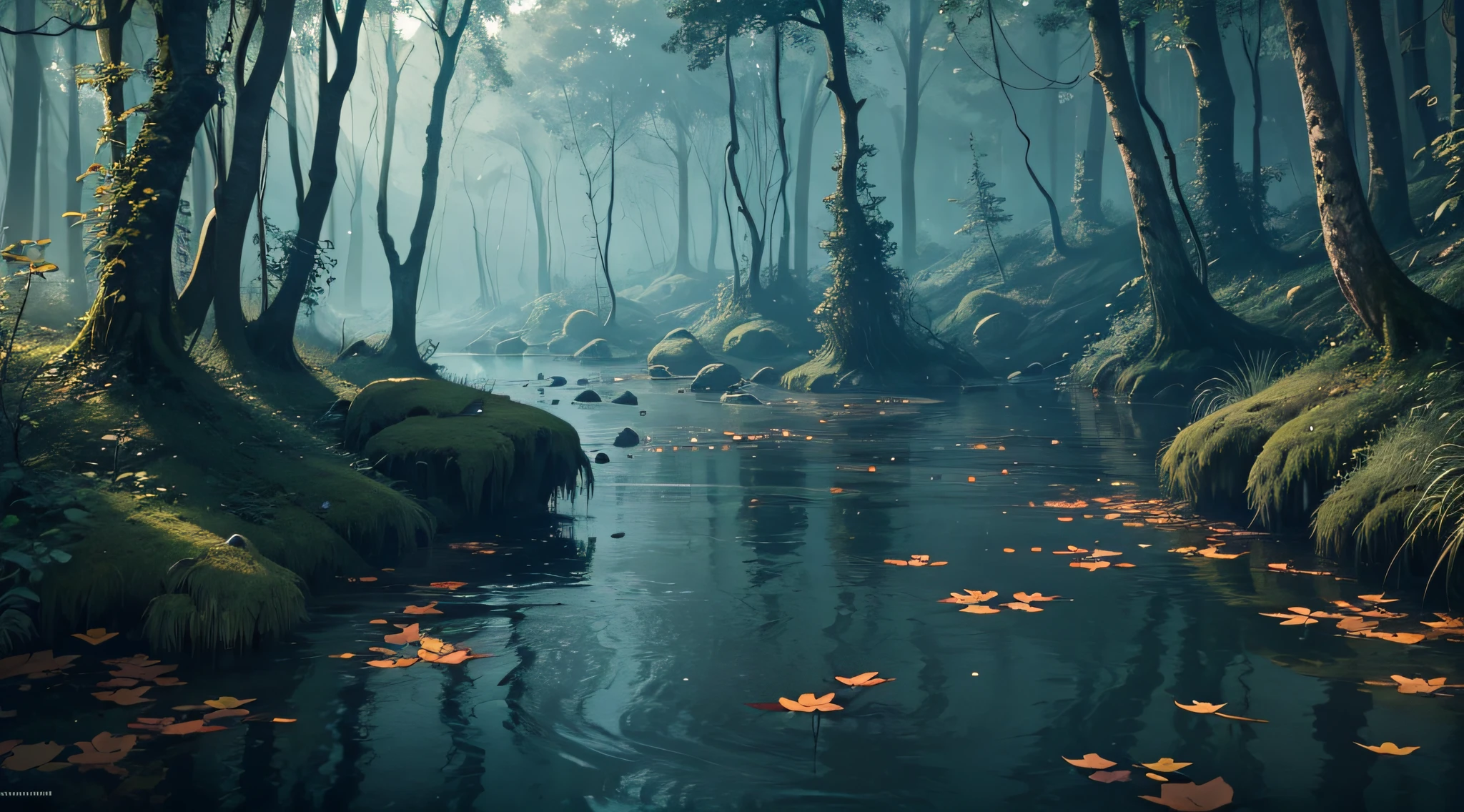 deep in the forest divided by a river with leaves floating on the water. night, horror, tiny bridge