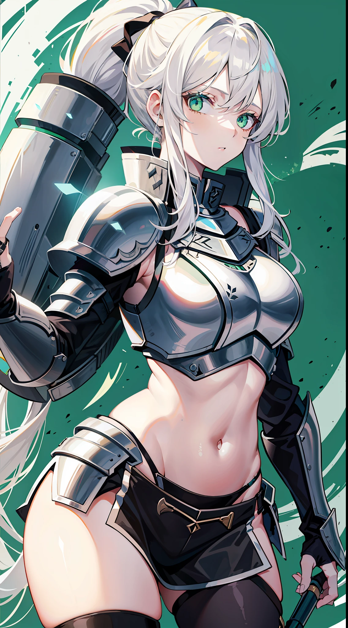 Adult woman, long white hair, high ponytail, green eyes, light knightly armor, sleeveless, open belly, shield, spear, masterpiece, high quality