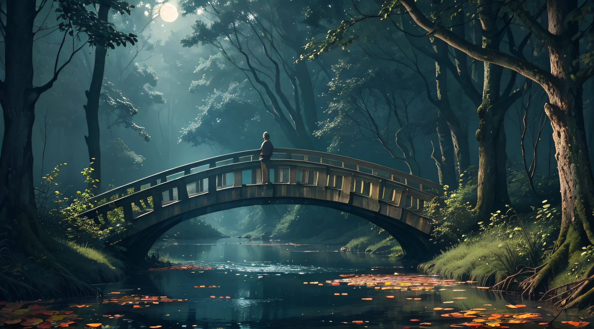 deep in the forest divided by a river with leaves floating on the water. night, horror, tiny bridge