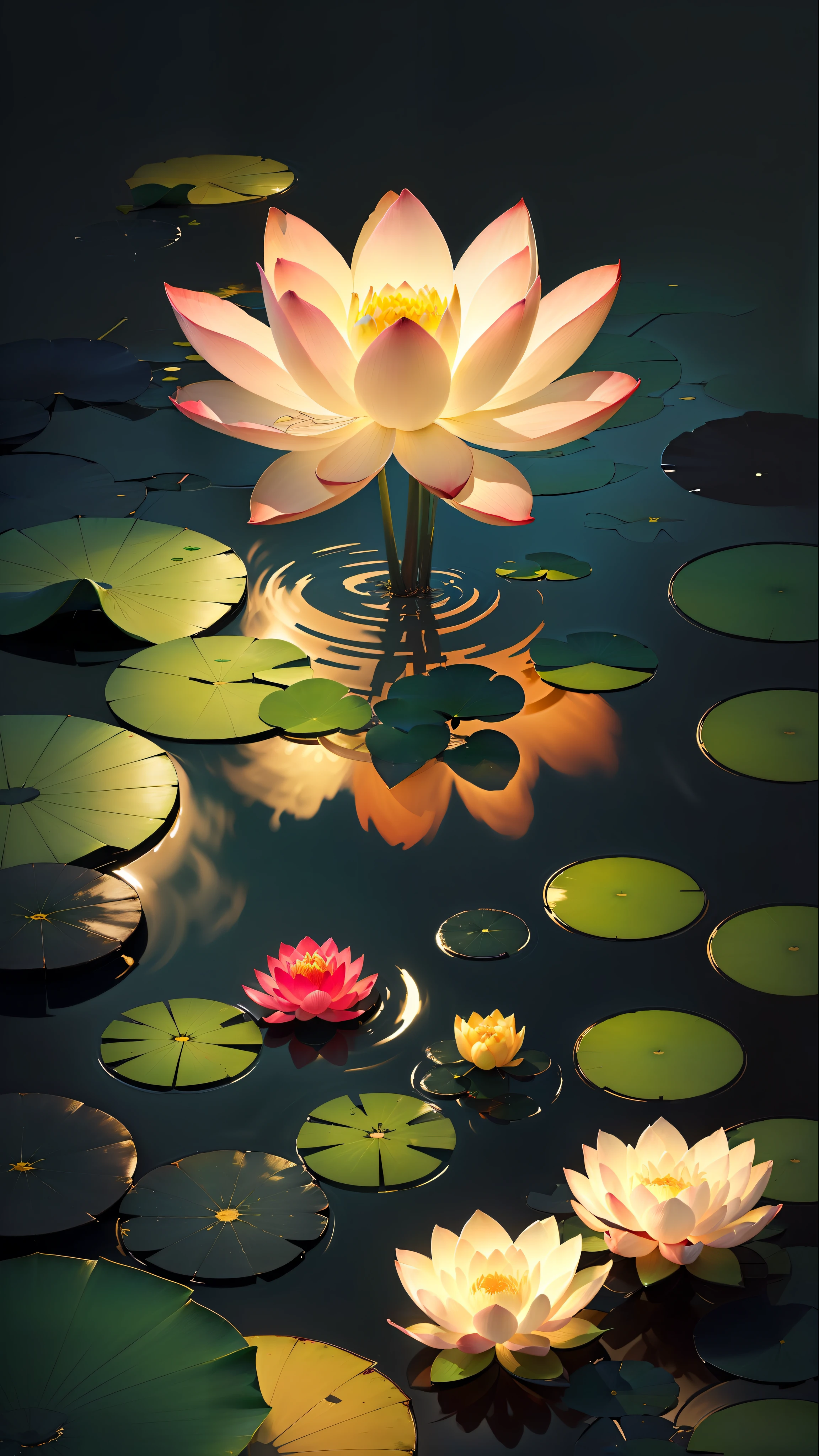 A masterpiece, exquisite. Deep in the lotus pond (brightly colored, vivid, sunny, cool light: 1.2) there are many lotus leaves in the pond. At night, a small boat passes through the middle.