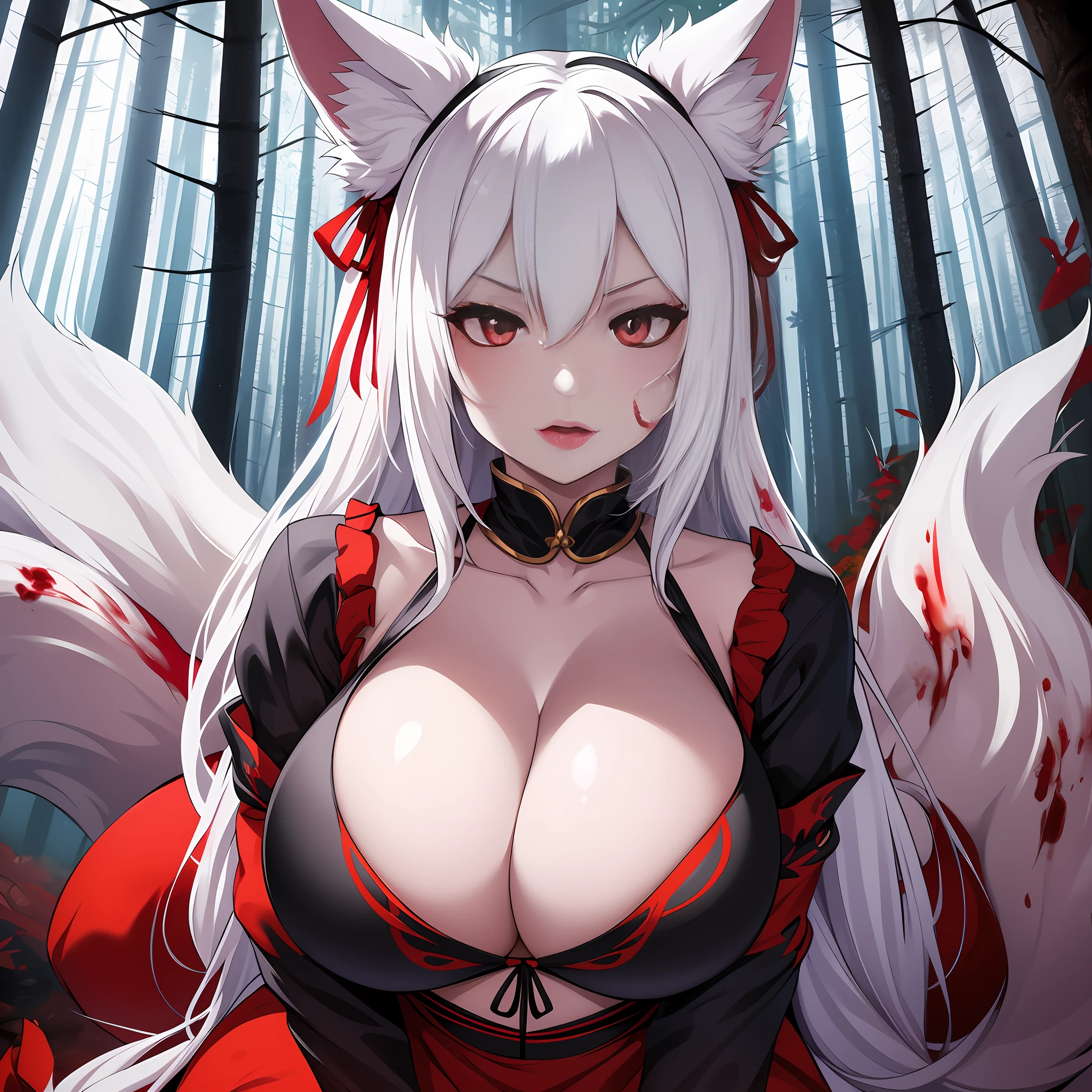 1girl, kitsune, huge breasts, long flowing dress, cleavage, plump, deep cleavage, hair tied up, lipstick, bending over, gigantic breasts, sagging breasts, huge fluffy tail, blood, blood covered breasts, blood dripping from mouth, white hair, pale skin, red eyes, in dark forest, evil look, cruel look