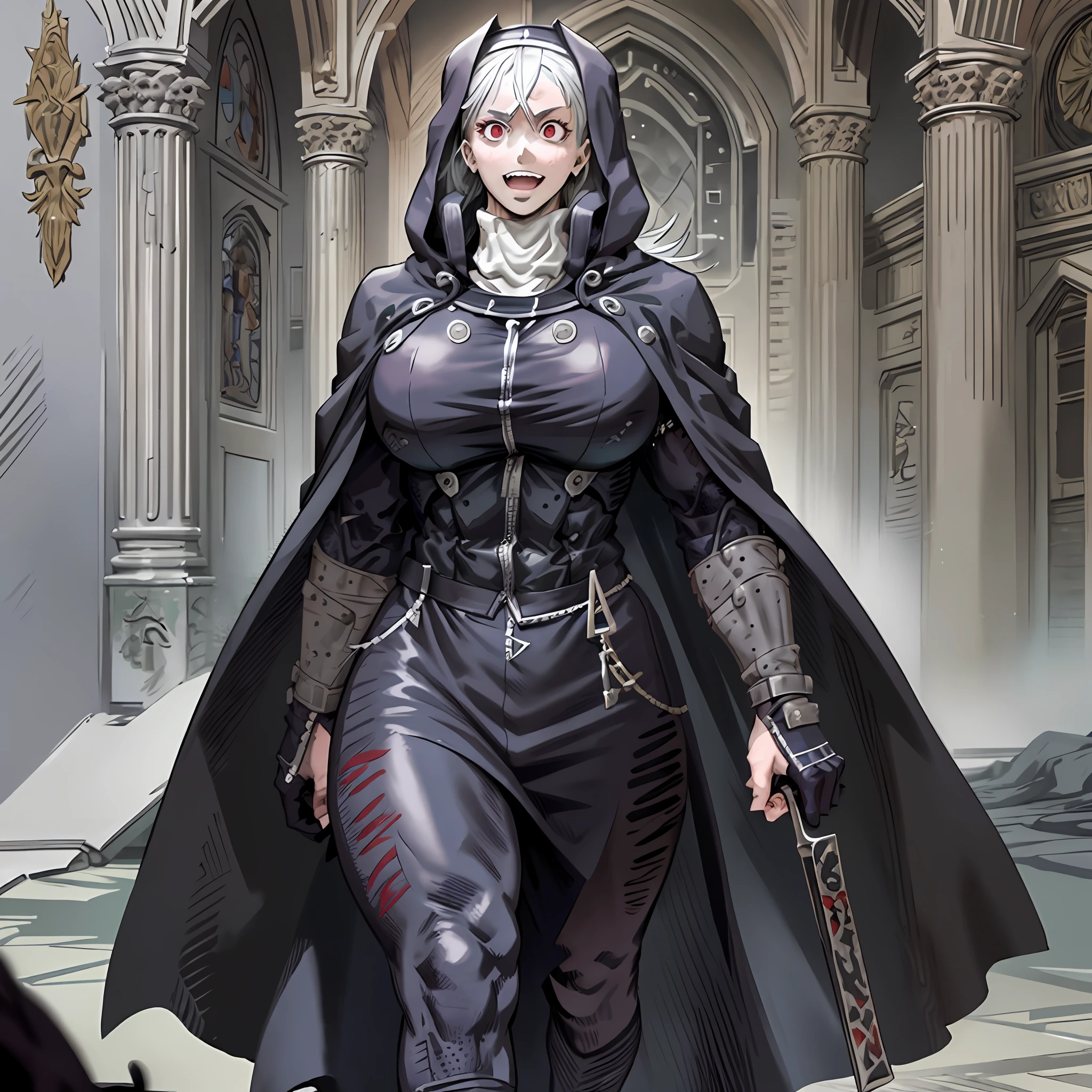 noi_dorohedoro, noi, muscular girl, huge chest, tall woman, priestess, martial art, modest, fully clothed, bent, pants, cloak, priestess, holy, walking, smile, coat, medieval, unmasked, nun, cloak,walking