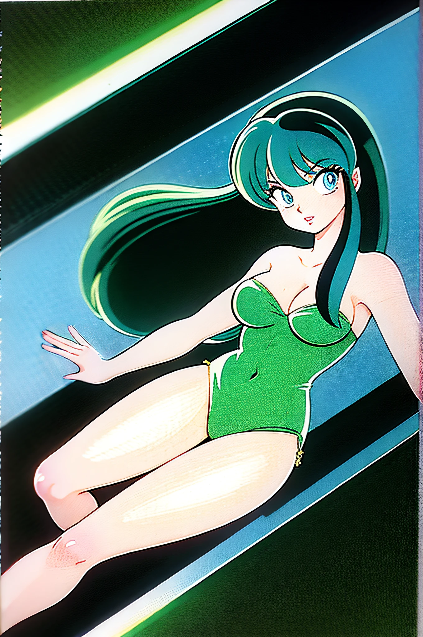 [retro anime art style], old anime, 1980s \(style\), 1990s \(style\), watercolor \(medium\), ((best quality)), ((masterpiece)), [detailed], [anime and manga image], [captivating], [enchanting], [narrow hips], [medium breasts], [wide hips], [lum invader from urusei yatsura], 1girl, lum, urusei yatsura, bikini, blue eyes, eyeshadow, green hair, long hair, makeup, oldschool, solo, [strapless bikini], white background, ((strapless bikini)), (hyperdetailed:1.15), [detailed], ((best quality)), ((masterpiece)), (soft light, sharp:1.2), (illustration, uhd, unreal engine, sharp focus,), op quality, best quality, official art, ultra detailed texture, ultra detailed hands, ((art by takehiko inoue)), [pixiv]