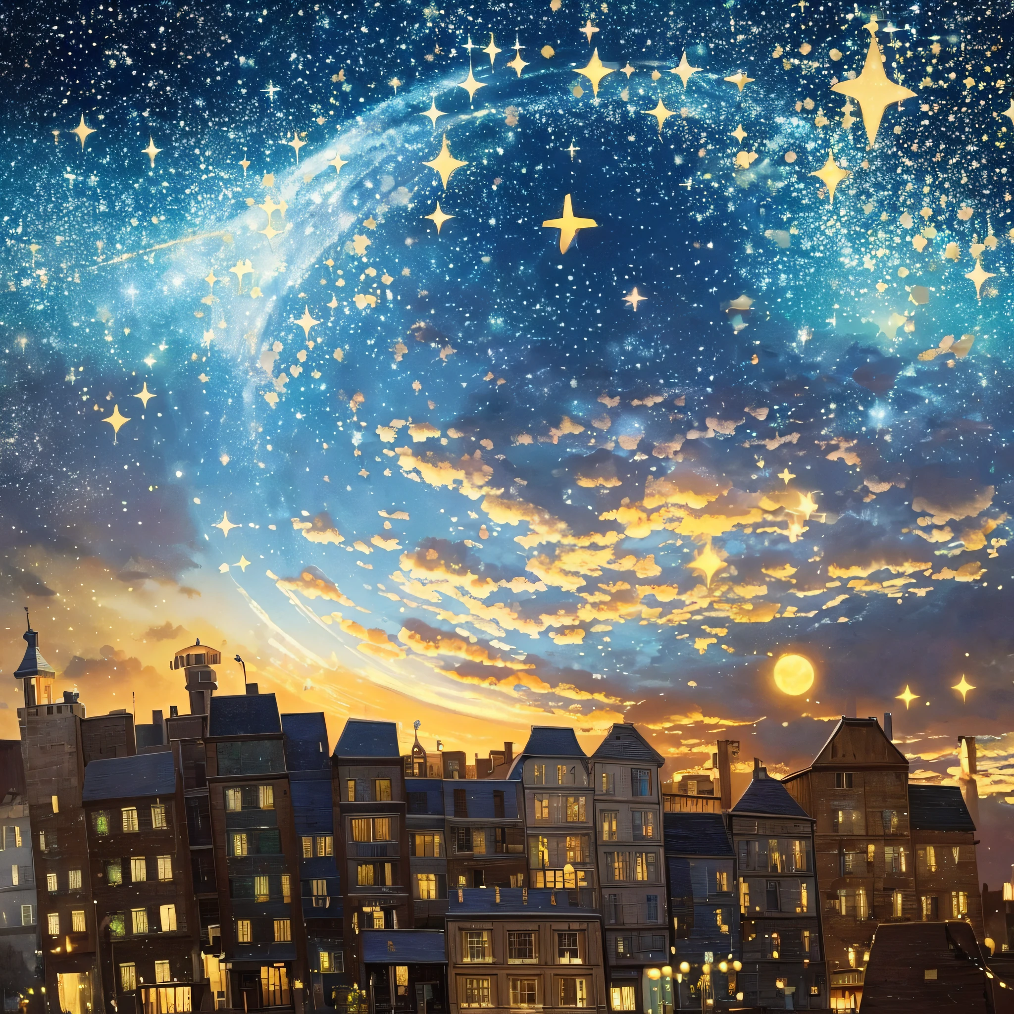 The painting depicts a town under the stars with a bright moon and twinkling stars in the sky. The whole painting is colorful, full of romantic and dreamy atmosphere, and the style is realistic --auto --s2