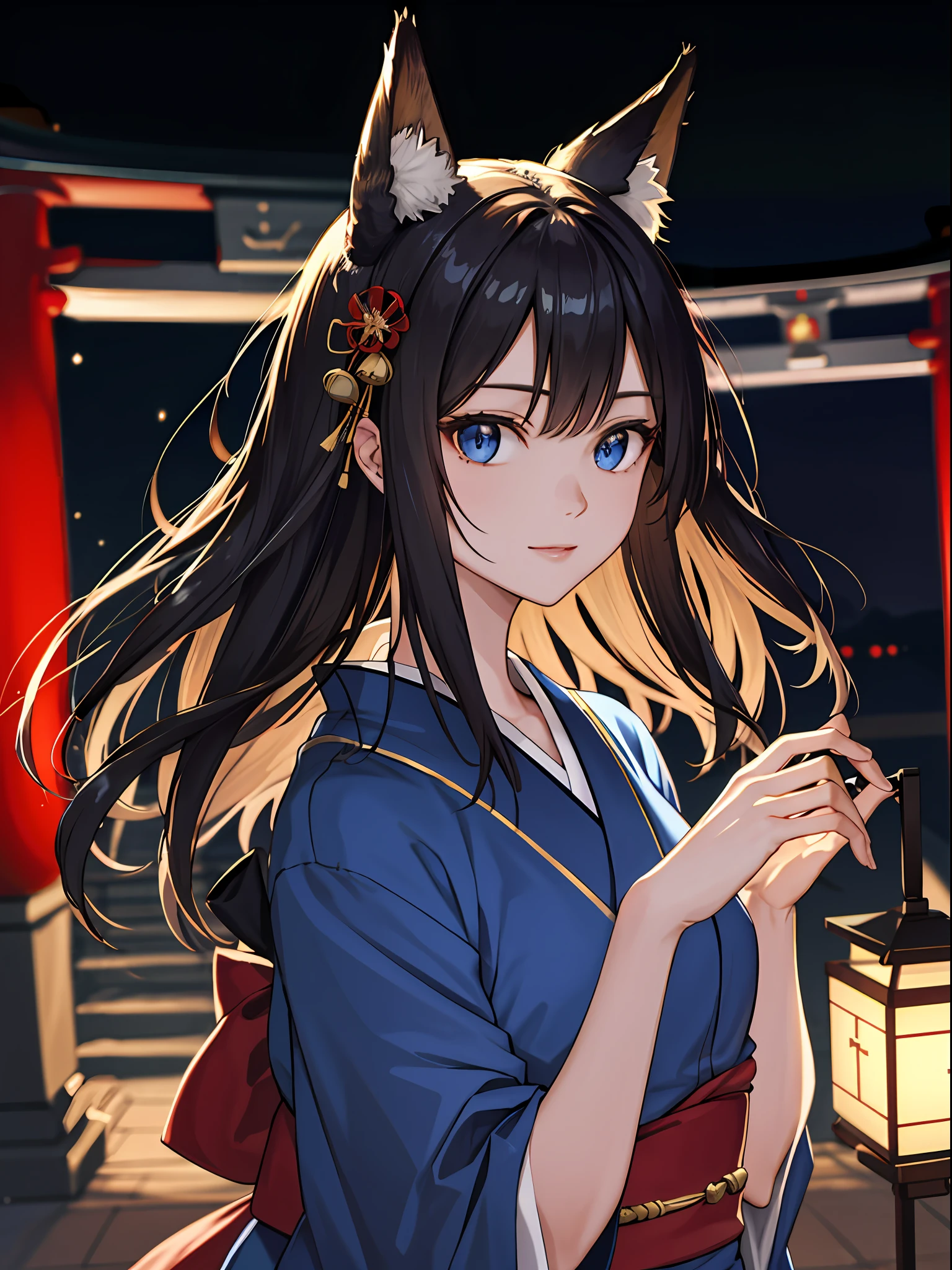 (absurdres, highres, ultra detailed), close-up of face, emphasis on face, focus on face, one woman, mature woman, aged, long straight hair, shiny beautiful hair, blue eyes, bangs, long sleeves, finely drawn eyes and detailed face, eye highlights, hands without breaks, rich Lighting, Highly detailed CG unified 8K wallpaper, Intricate details, Portrait, Gazing, Solo, Half shot, Fine drawn face, Soft smile, Dynamic pose, Classical period, (Ancient Japanese themed: 1.1), Japanese mythology, Fox ears, Japanese people, ruler, Blue kimono Japanese, Floral kimono, Ancient theme, (Prosperous Civilization: 1.1), Moon in background, (Immaculate: 1.1) shrine, Torii gate, Japanese landscape, Ancient city in background, Fox mask on head, Fantastic, dreamy, dancing lights, lantern, Austere, Night, Darkness, Stars, Portrait, Cinematic lighting
