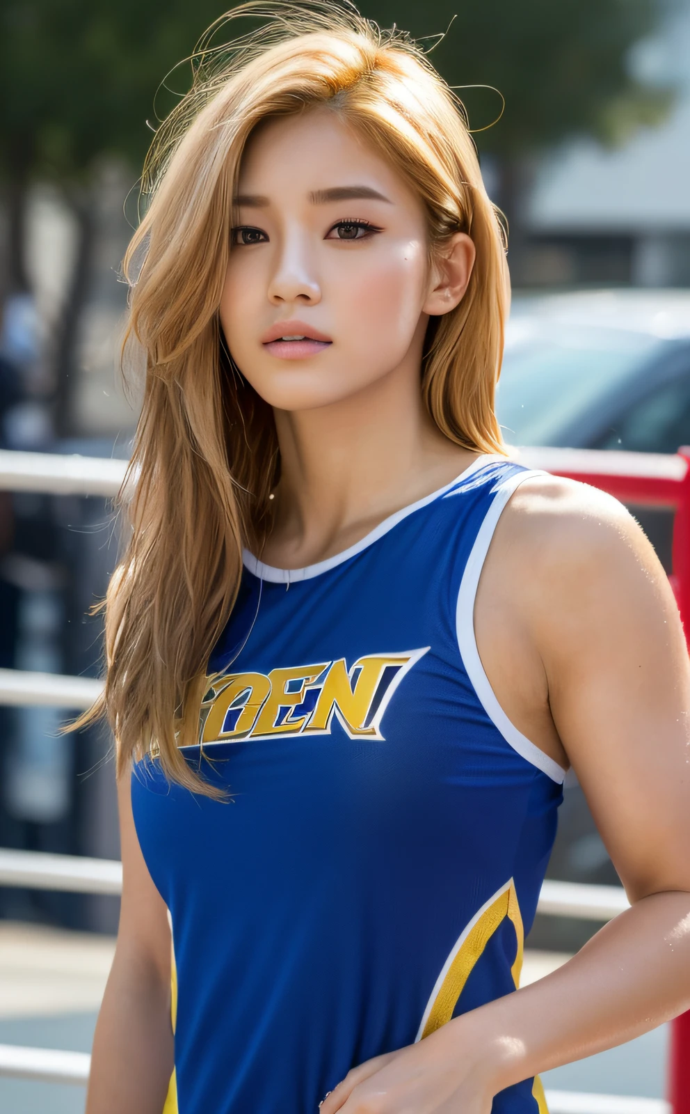 ((Top Quality, 8K, Masterpiece: 1.3)), Sharp: 1.2, Perfect Body Beauty: 1.4, Slim Abs: 1.2, ((Layered Hairstyle, Big: 1.2)), (Rain, Street: 1.2), Wet: 1.5, Highly Detailed Face and Skin Texture, Detailed Eyes, Double Eyelids, Aspect Looking at the Camera, Golden Hair, Wrestling, Portrait photo of hot woman wearing college wrestling singlet, professional wrestling, muscle