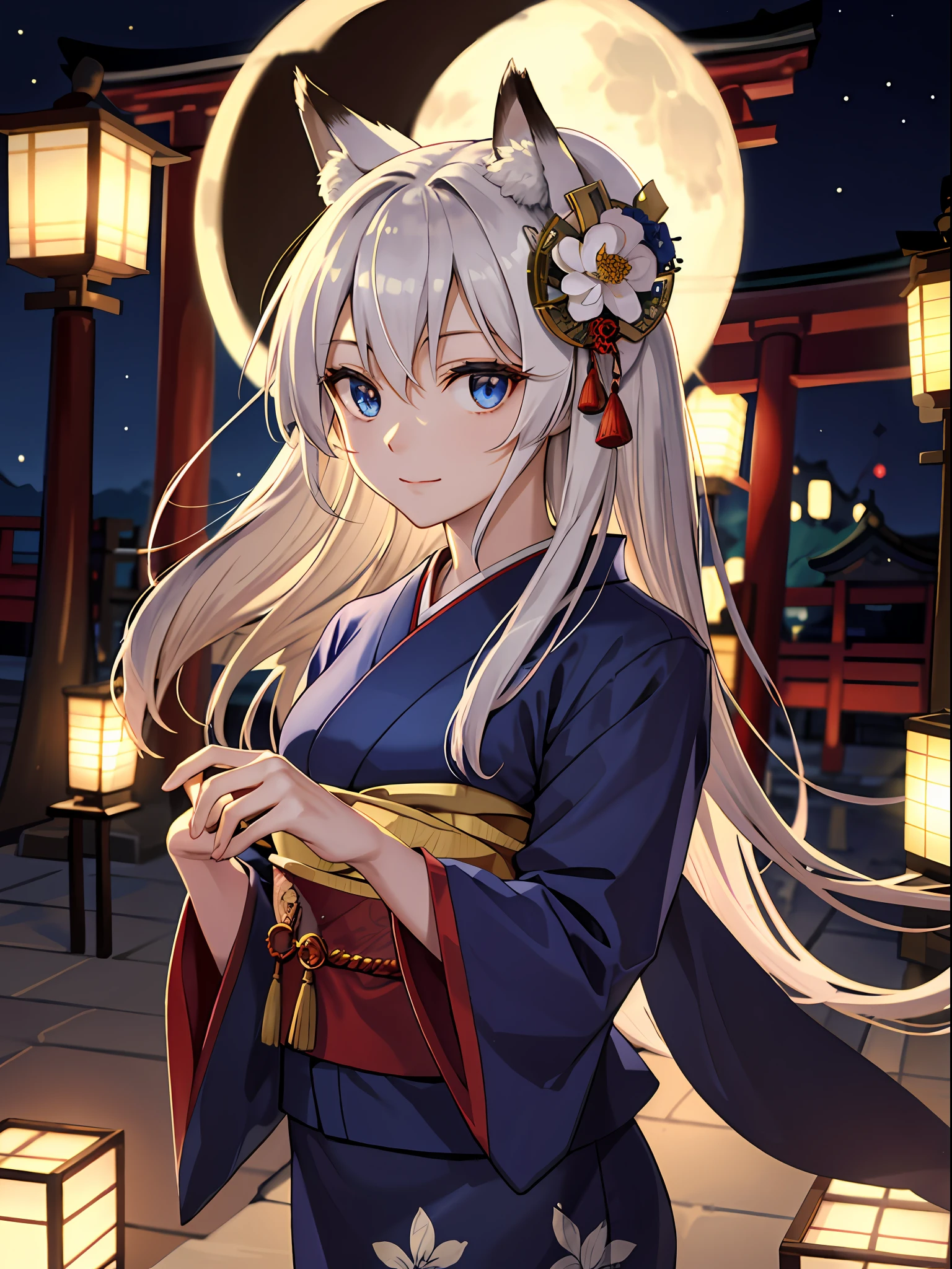 (absurdres, highres, ultra detailed), close-up of face, emphasis on face, focus on face, one woman, mature woman, aged, long straight hair, shiny beautiful hair, blue eyes, bangs, long sleeves, finely drawn eyes and detailed face, eye highlights, hands without breaks, rich Lighting, Highly detailed CG unified 8K wallpaper, Intricate details, Portrait, Gazing, Solo, Half shot, Fine drawn face, Soft smile, Dynamic pose, Classical period, (Ancient Japanese themed: 1.1), Japanese mythology, Fox ears, Japanese people, ruler, Blue kimono Japanese, Floral kimono, Ancient theme, (Prosperous Civilization: 1.1), Moon in background, (Immaculate: 1.1) shrine, Torii gate, Japanese landscape, Ancient city in background, Fox mask on head, Fantastic, dreamy, dancing lights, lantern, Austere, Night, Darkness, Stars, Portrait, Cinematic lighting