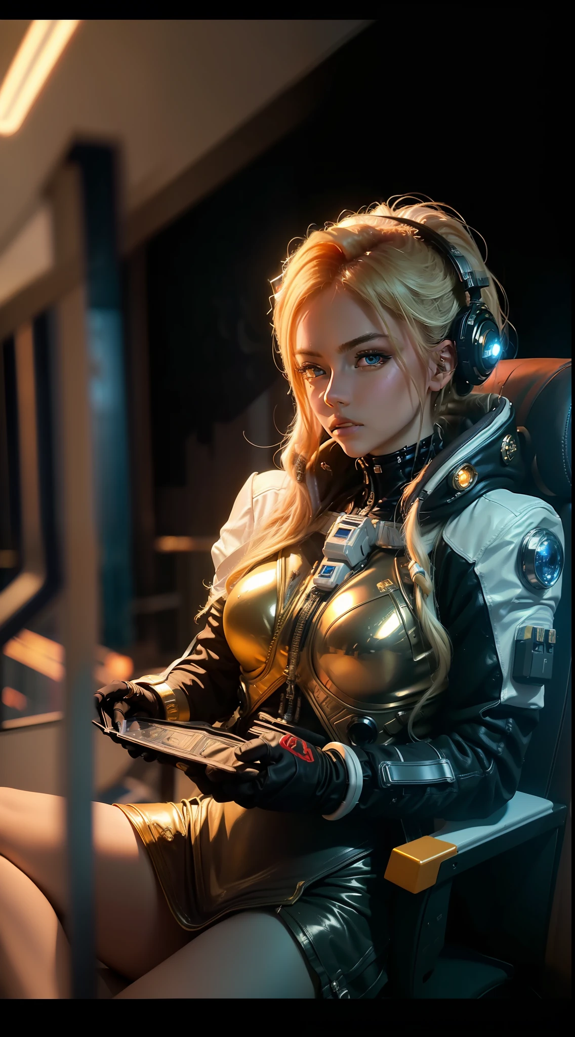 ((masterpiece 1.2)), high details, cyber punk, meditating, space suit, woman with piercing gaze, golden hair, set in spaceship, galaxy background, (4K), cinema, dramatic lighting, deep shadows, (intense HDR), canon lens, lens flare, textured