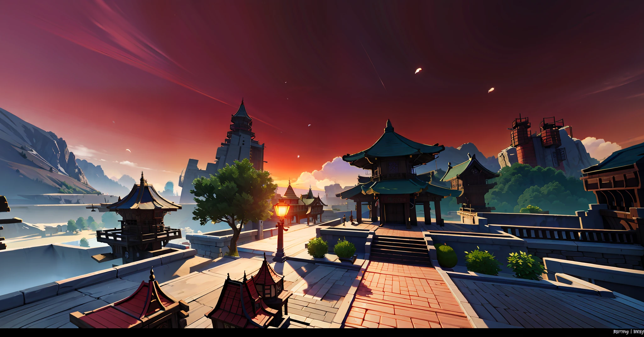 Alafid view of Chinese temple with pagoda as background, temple background, highly detailed environment, dojo on a mountain, 3D virtual landscape painting, inspired by Yang Buzhi, rendered in Unreal Engine to unify 3D rendering, with Chinese temple, Buddhist temple, game environment, Chinese temple, rendered in RTX, sci-fi Mongolian village. Anime style