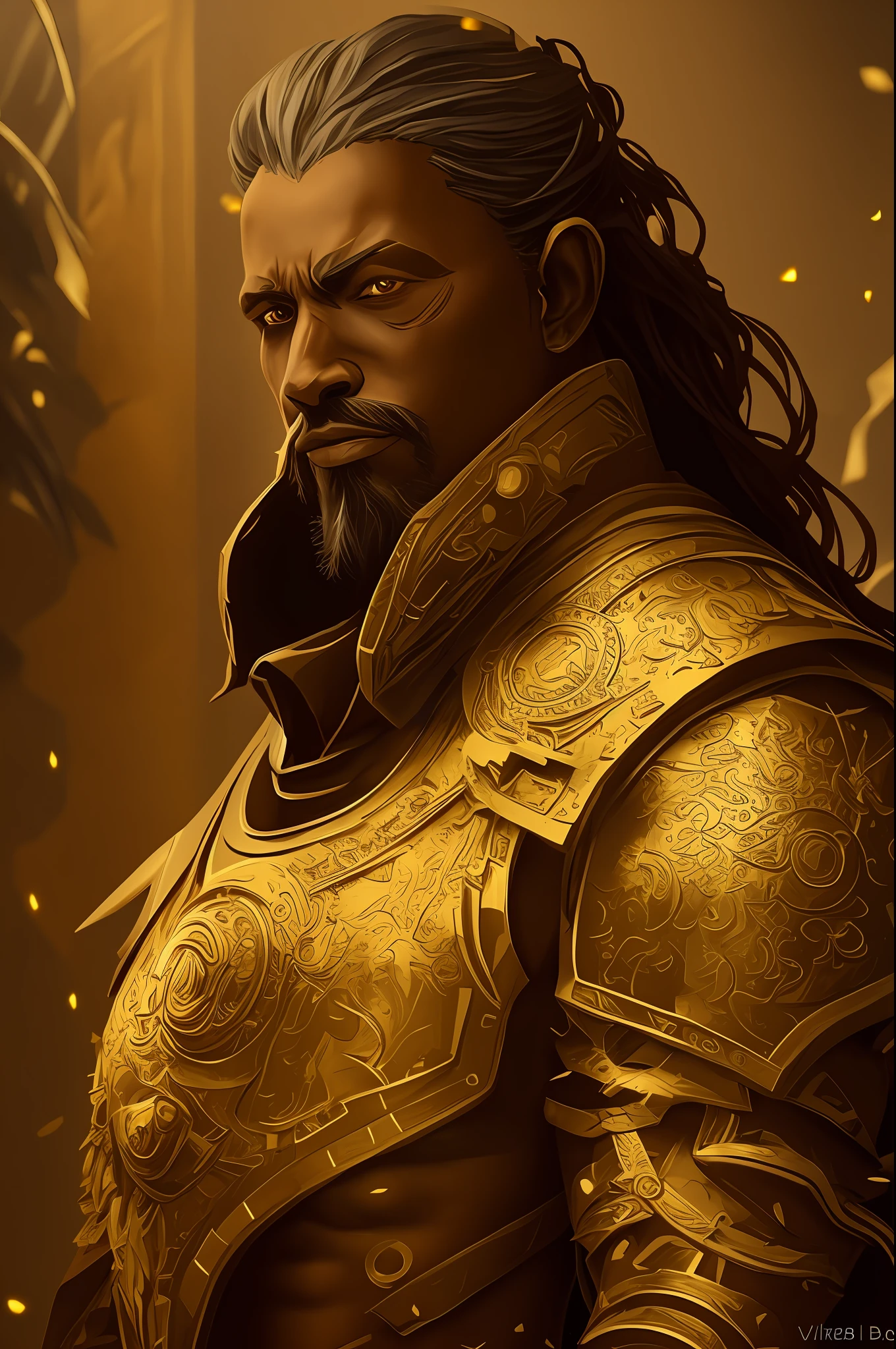 Change the ethnicity of the character to African. Leave the armor with less gold and more steel color.