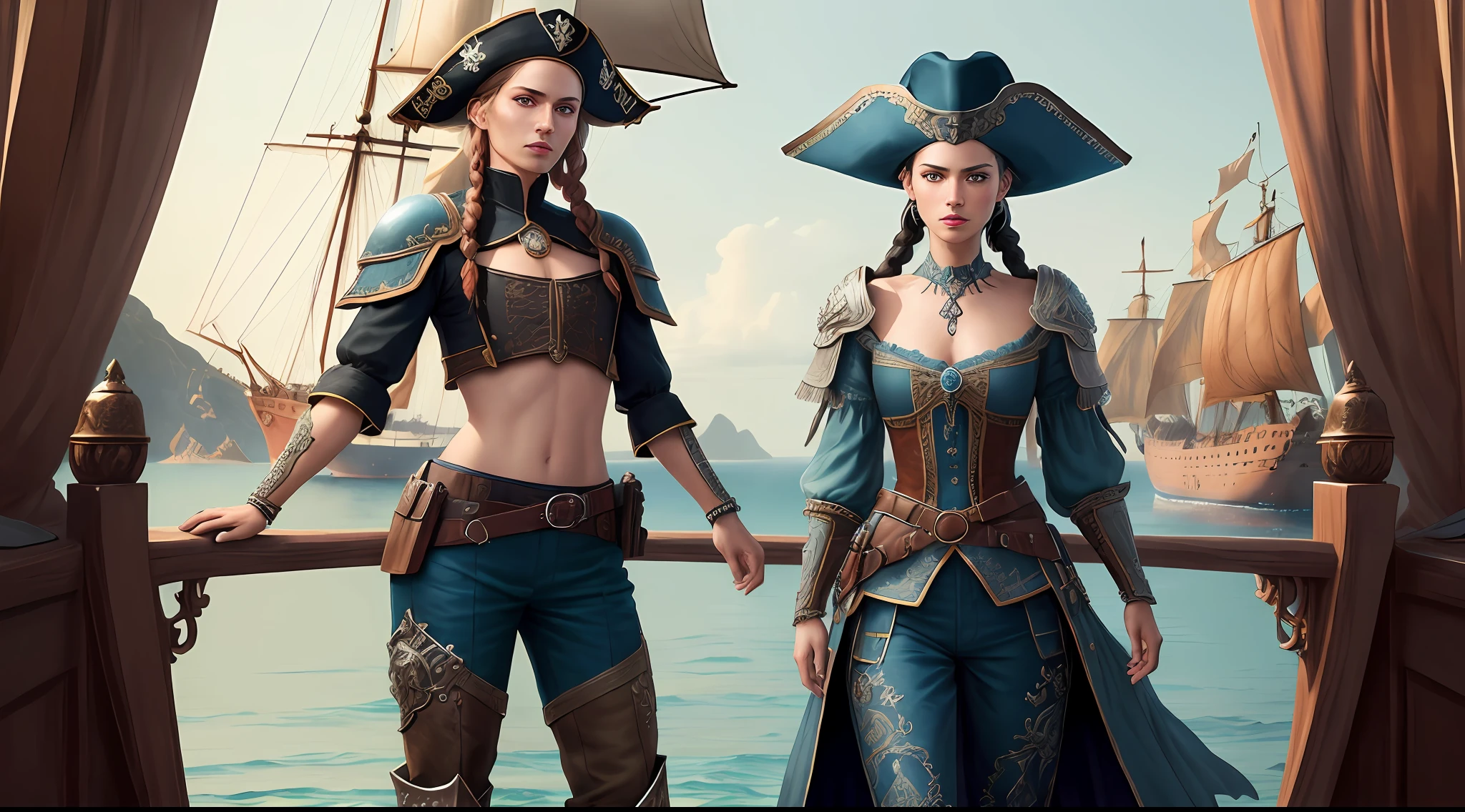 (highly detailed RAW color photo, ridiculous resolution, high resolution, super detailed), ((r 9 6 angles)), handsome and beautiful, fearless and brave expression, mature, thin shoulders, very thin body, long fear, black captive dark pirate hat, white dirty braids, vibrant green eyes, (detailed eyes and detailed face), extremely detailed 8k photos, looking at the viewer, alone, (full body: 0.9), overboard, offboard background, detailed face, (Medieval Fantasy Theme: 1.3), Light Blue Pirate Themed Armor with Highly Intricate Details, Blue Pants, Ship in the Background, Inside the Ship, Deck of the Ship, Inspired by Dungeons & Dragons, Digital Artwork, Surreal, Photography, Soft Lighting, Soft Details, Octane, ArtStation Trend, Ultra High Detail, Surreal, Movie, 16k