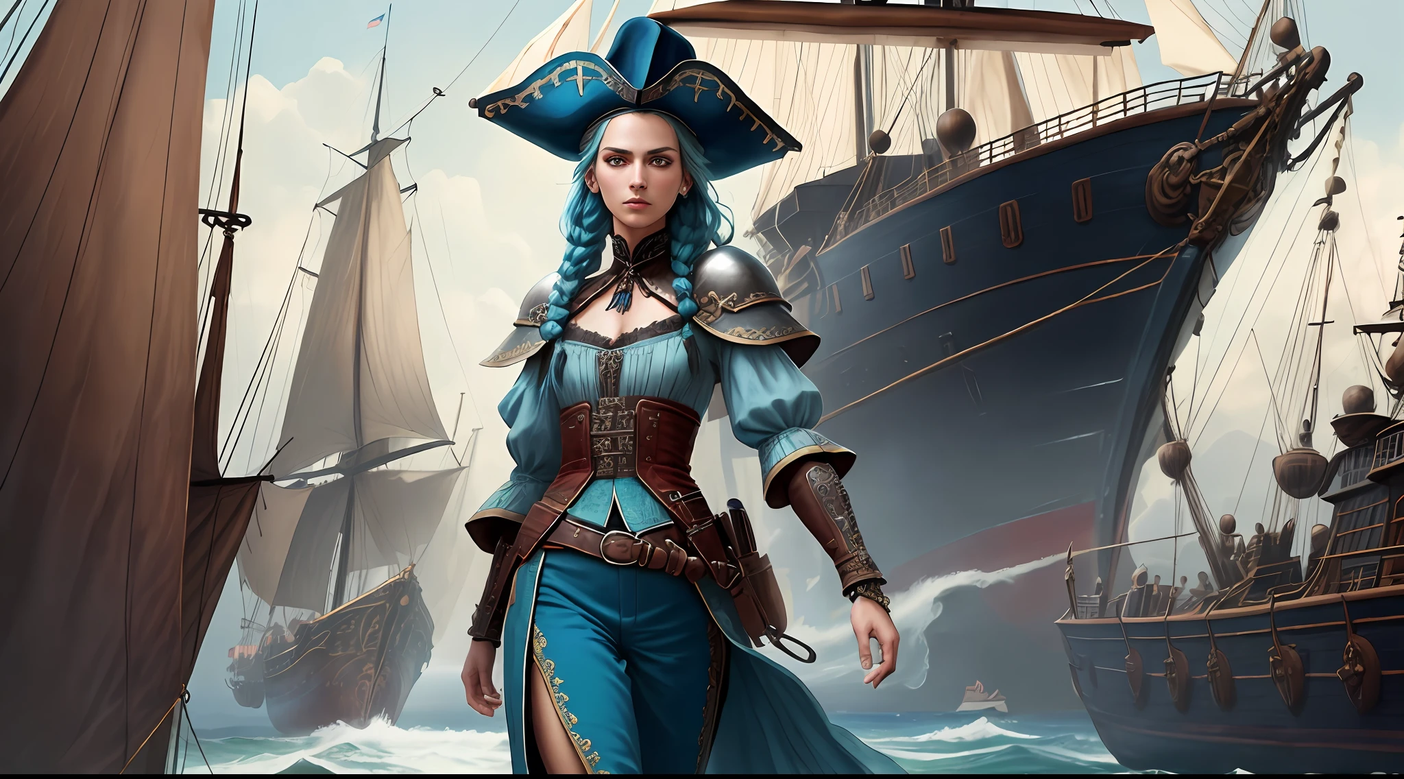 (highly detailed RAW color photo, ridiculous resolution, high resolution, super detailed), ((r 9 6 angles)), handsome and beautiful, fearless and brave expression, mature, thin shoulders, very thin body, long fear, black captive dark pirate hat, white dirty braids, vibrant green eyes, (detailed eyes and detailed face), extremely detailed 8k photos, looking at the viewer, alone, (full body: 0.9), overboard, offboard background, detailed face, (Medieval Fantasy Theme: 1.3), Light Blue Pirate Themed Armor with Highly Intricate Details, Blue Pants, Ship in the Background, Inside the Ship, Deck of the Ship, Inspired by Dungeons & Dragons, Digital Artwork, Surreal, Photography, Soft Lighting, Soft Details, Octane, ArtStation Trend, Ultra High Detail, Surreal, Movie, 16k