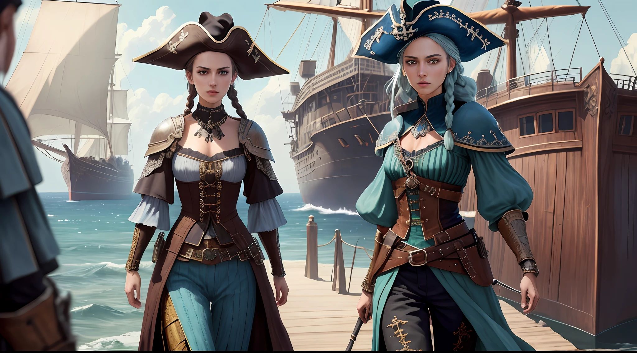 (highly detailed RAW color photo, ridiculous resolution, high resolution, super detailed), ((r 9 6 angles)), handsome and beautiful, fearless and brave expression, mature, thin shoulders, very thin body, long fear, black captive dark pirate hat, white dirty braids, vibrant green eyes, (detailed eyes and detailed face), extremely detailed 8k photos, looking at the viewer, alone, (full body: 0.9), overboard, offboard background, detailed face, (Medieval Fantasy Theme: 1.3), Light Blue Pirate Themed Armor with Highly Intricate Details, Blue Pants, Ship in the Background, Inside the Ship, Deck of the Ship, Inspired by Dungeons & Dragons, Digital Artwork, Surreal, Photography, Soft Lighting, Soft Details, Octane, ArtStation Trend, Ultra High Detail, Surreal, Movie, 16k