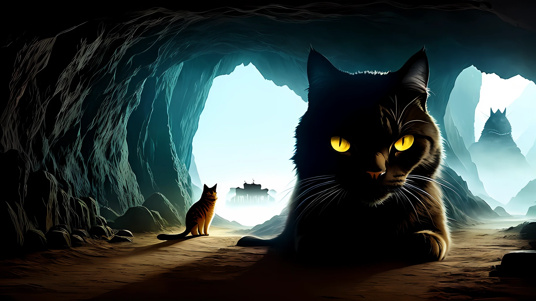 A giant cat and a samurai face each other in a cave