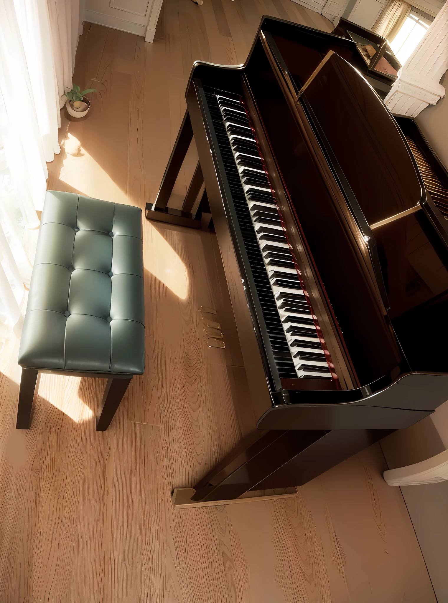 The room has a piano and a stool, full piano, piano in the background, upright piano, full subject shown in the photo, wide angle view, shot with Sony A3 camera, piano, pianist, viewed directly from above, shot with Sony Alpha 9, black paint