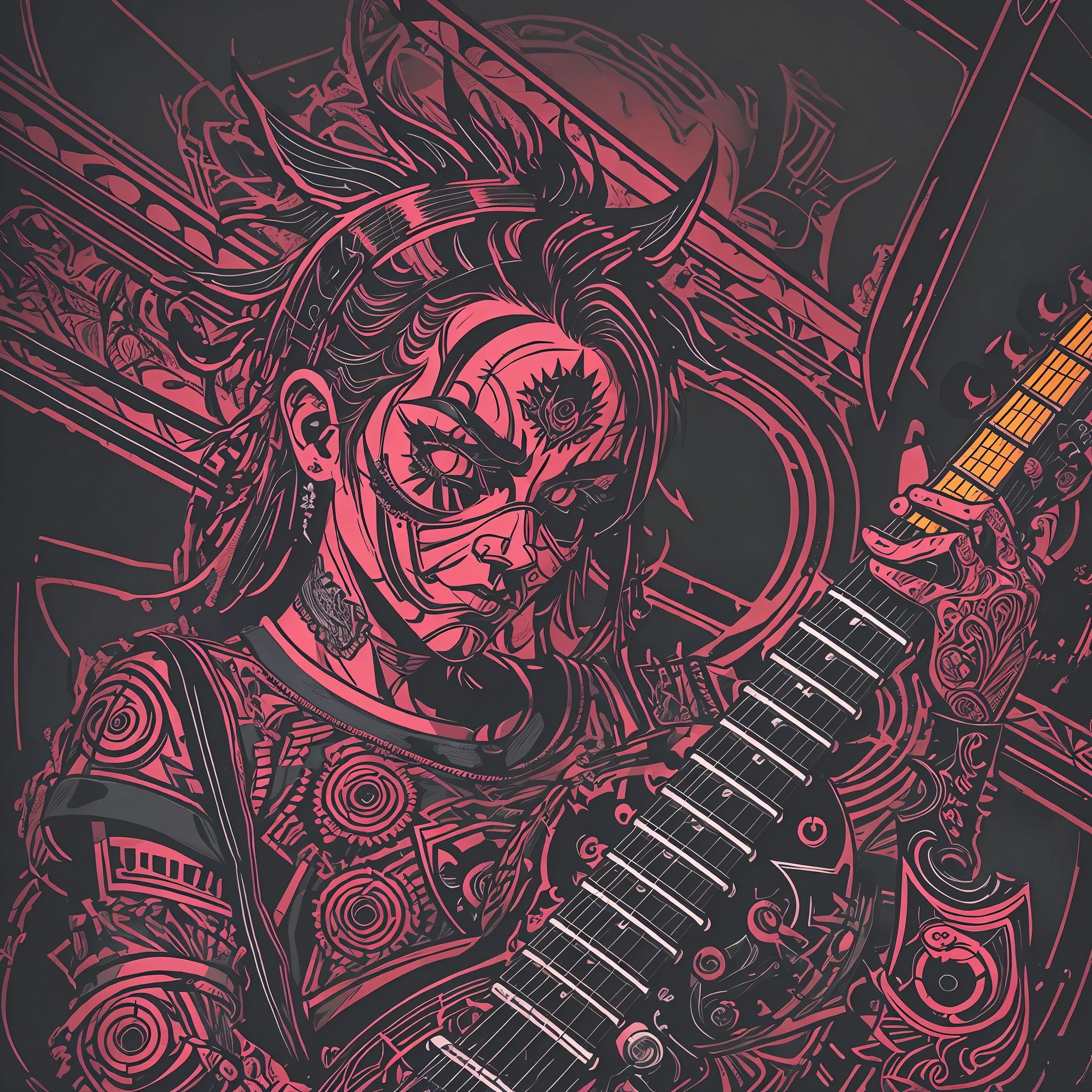 T-shirt art, 2D, ((black background: 1, 5)), vector, vivid colors, guitar punk, punk style, dystopian stage, masterpiece, best quality, intricate details, perfect symmetrical face, rim light, moonlight , cinematic shading, Greg Rutkowisk --auto --s2