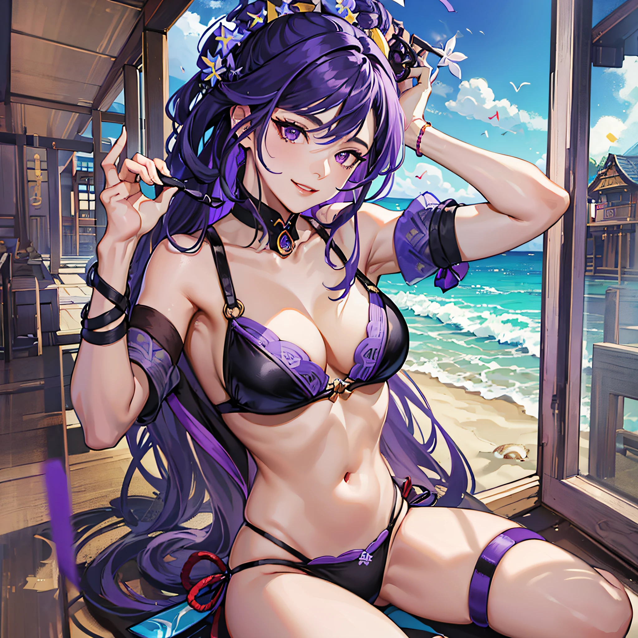 ((masterpiece, best quality)), (1girl), (solo), (female focus), upscale, (HD face), Raiden Shougun (Genshin Impact), bikini, purple hair, braid, long hair, purple eyes, beach, smile --auto --s2