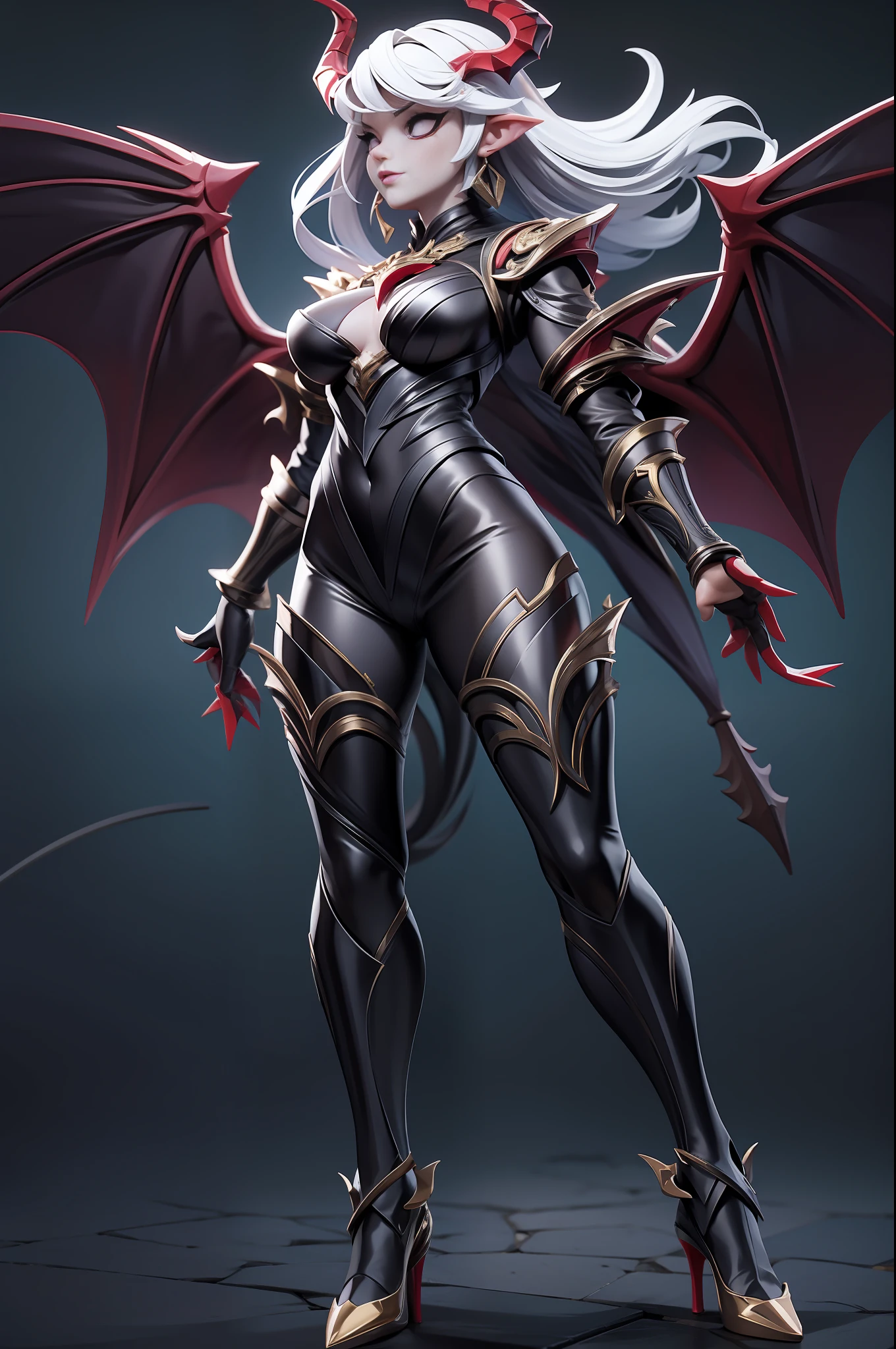 full body picture Unreal Engine 5 8K UHD of beautiful demon women, white short hair, demon, fantasy world, shiny black armor with red details, gold accessories, purple demon eyes, black high heels, gold earrings, holding a whip, devil horn, black long glove with arm cuffs and red details, black smoke on left hand, demon wings, demon world, best quality, masterpiece