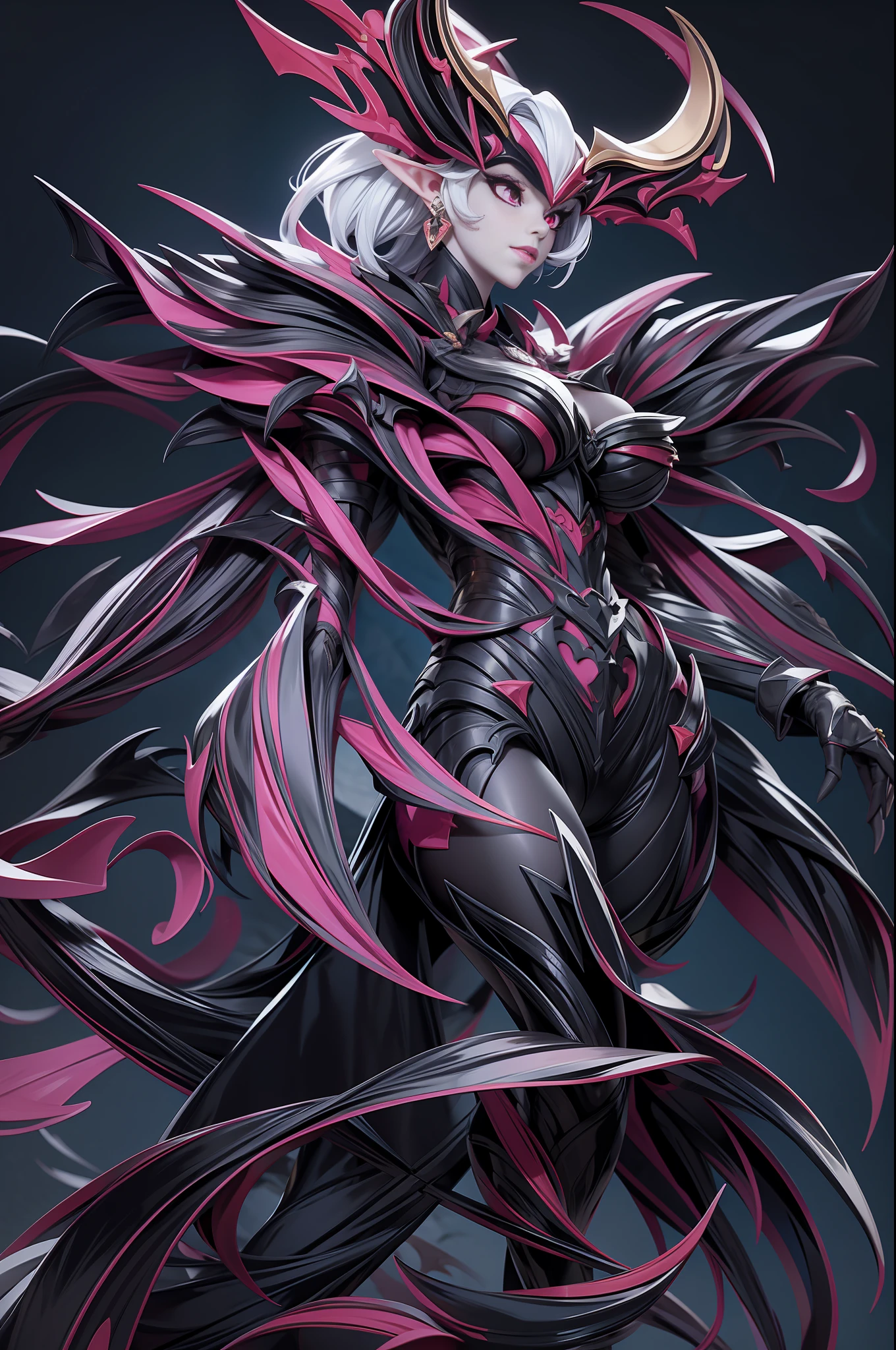 full body picture Unreal Engine 5 8K UHD of beautiful demon women, white short hair, demon, fantasy world, shiny black armor with red details, gold accessories, purple demon eyes, black high heels, gold earrings, holding a whip, devil horn, black long glove with arm cuffs and red details, black smoke on left hand, demon wings, demon world, best quality, masterpiece