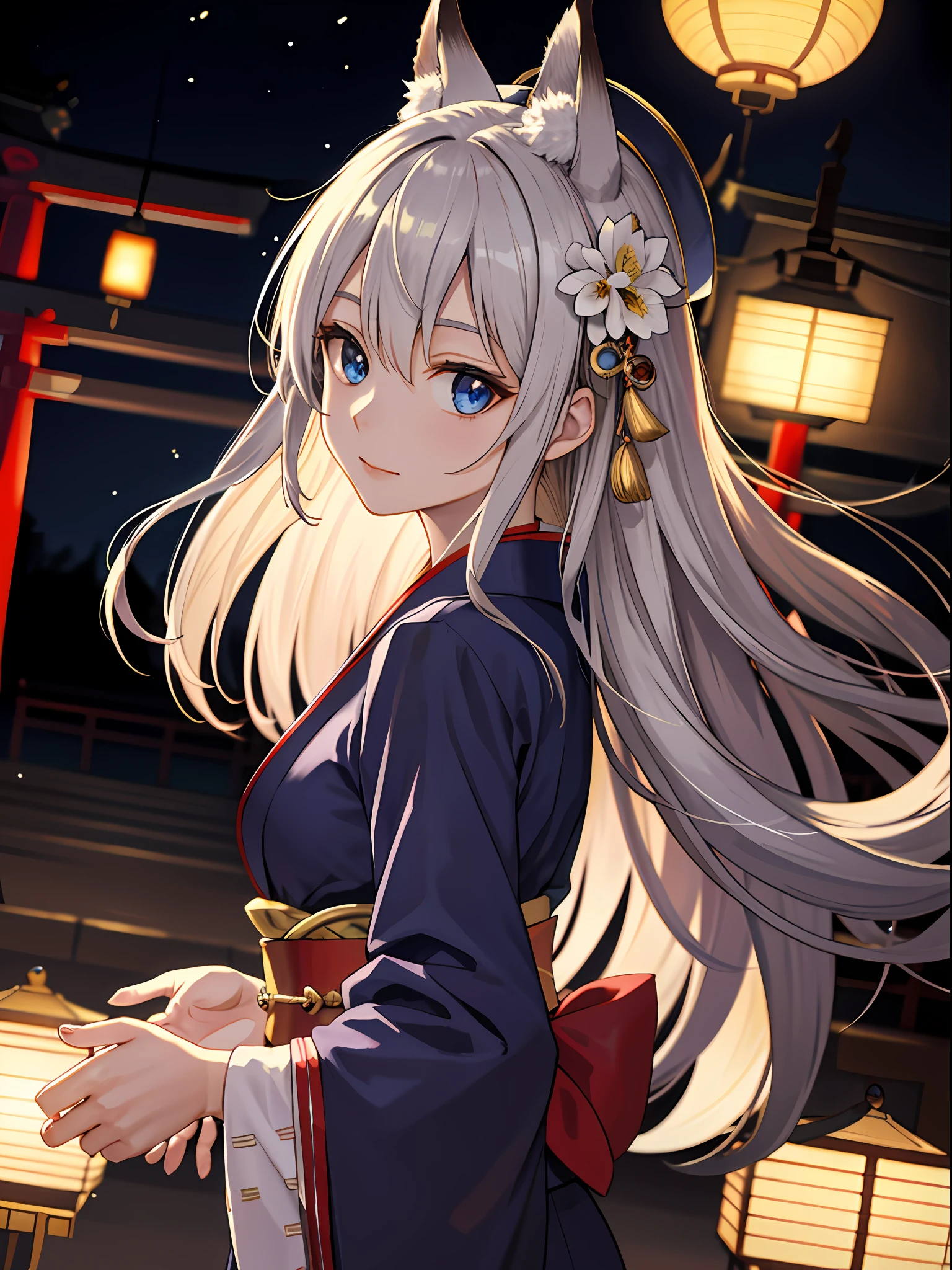 (absurdres, highres, ultra detailed), close-up of face, emphasis on face, focus on face, one woman, mature woman, aged, long straight hair, shiny beautiful hair, blue eyes, bangs, long sleeves, finely drawn eyes and detailed face, eye highlights, hands without breaks, rich Lighting, Highly detailed CG unified 8K wallpaper, Intricate details, Portrait, Gazing, Solo, Half shot, Fine drawn face, Soft smile, Dynamic pose, Classical period, (Ancient Japanese themed: 1.1), Japanese mythology, Fox ears, Japanese people, ruler, Blue kimono Japanese, Floral kimono, Ancient theme, (Prosperous Civilization: 1.1), Moon in background, (Immaculate: 1.1) shrine, Torii gate, Japanese landscape, Ancient city in background, Fox mask on head, Fantastic, dreamy, dancing lights, lantern, Stern, Night, Darkness, Stars, Portrait, Cinematic lighting, Dating