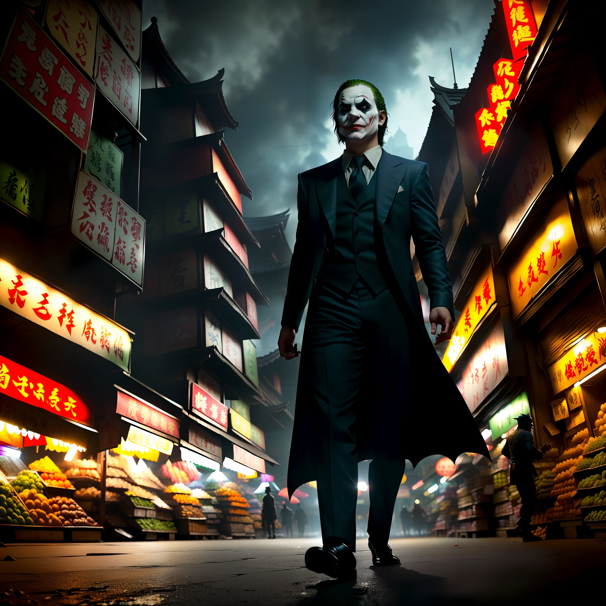 Low angle view, low angle shot, ultra detail photo of the notorious villain, Joker in the dark knight, walking in the street of local market of asian village, Joker in the street market, highly detailed, hyper realistic, octane render, unreal engine, 4k resolution