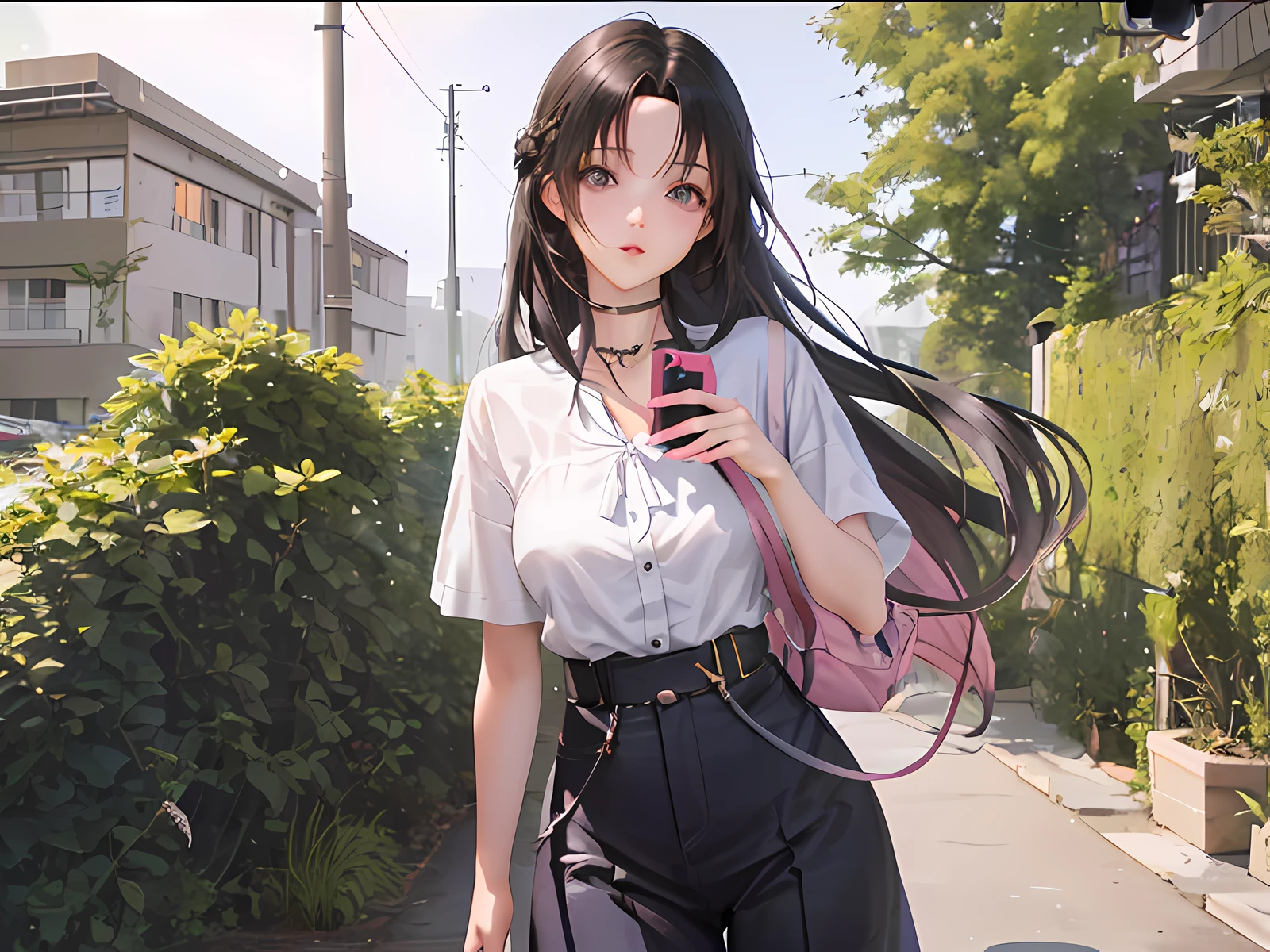 anime girl with a cell phone in her hand standing on a sidewalk, anime visual of a cute girl, attractive anime girl, beautiful anime high school girl, artwork in the style of guweiz, realistic anime 3 d style, smooth anime cg art, anime girl with long hair, kawaii realistic portrait, beautiful anime girl, realistic young anime girl, high quality anime artstyle