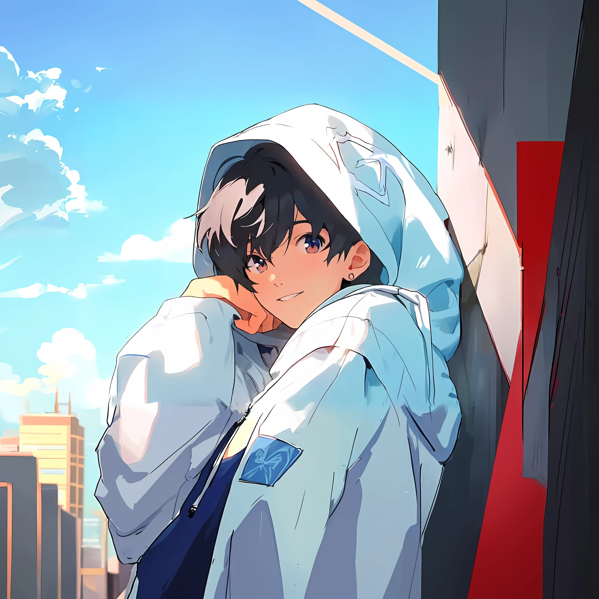 anime boy in a hoodie leaning against a wall, high quality anime artstyle, anime boy, handsome anime pose, anime moe artstyle, male anime style, young anime man, anime artstyle, anime handsome man, tall anime guy with blue eyes, male anime character, makoto shinkai art style, smooth anime cg art, trigger anime artstyle