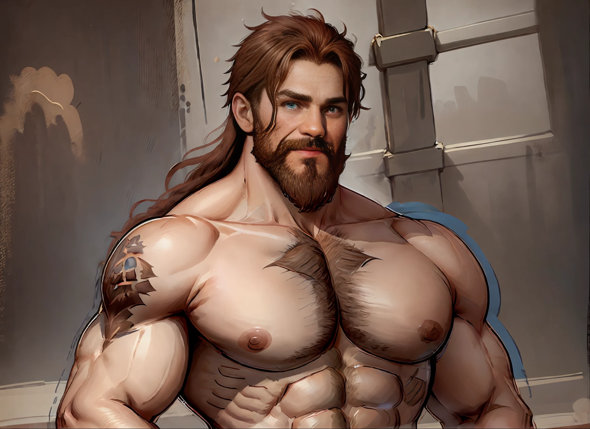 A very expressive cartoon Viking, inspired and done in hand painting with Blender 3D, light and detailed blue eyes, reddish brown hair, long beard, athletic physical body, mustache, smile, highly detailed face, pectoral partially shows with subtle body hair, runic tattoos on the body, beasecker Viking warrior clothing, detailed and beautiful nipple,  Highly detailed and manly body. NSFW style, with NUDITY