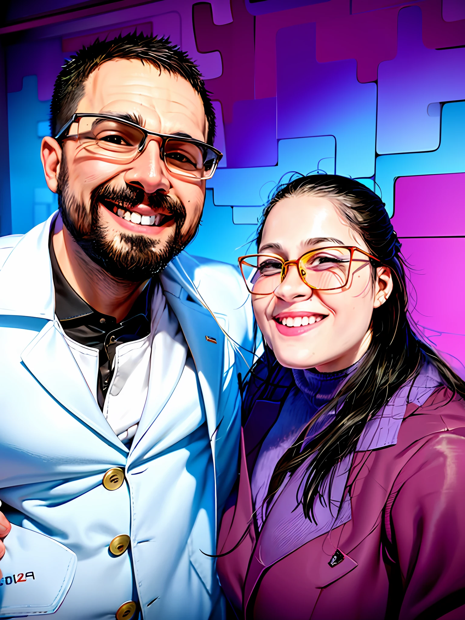 Anime style, smiling couple in lab coats posing for a photo in front of a wall of puzzles, wearing lab coat and glasses, with Godray, by Nándor Katona, with nerd! glasses! and goatee, happy couple, sakimichan and franco franzzeta, by Amélia Peláez, david rios ferreira, in the background, with wart
