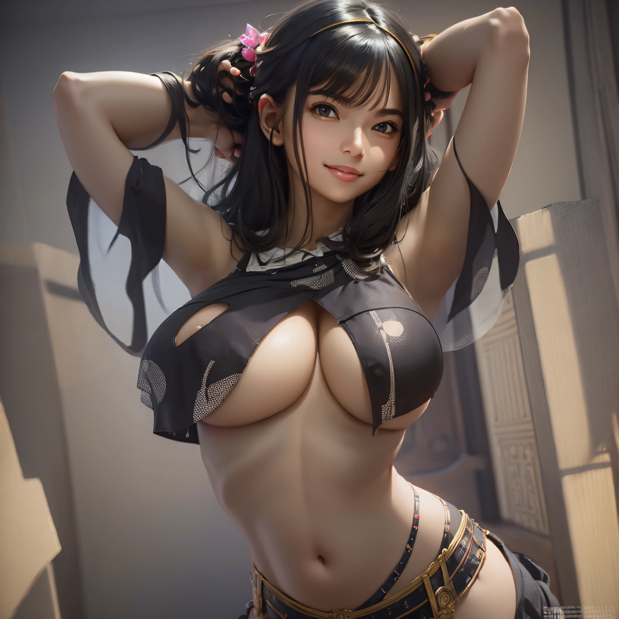 Masterpiece, 1girl, solo, black hair, underboob, light_smile, arms crossed, huge breasts, big ass. photorealistic. --auto --s2