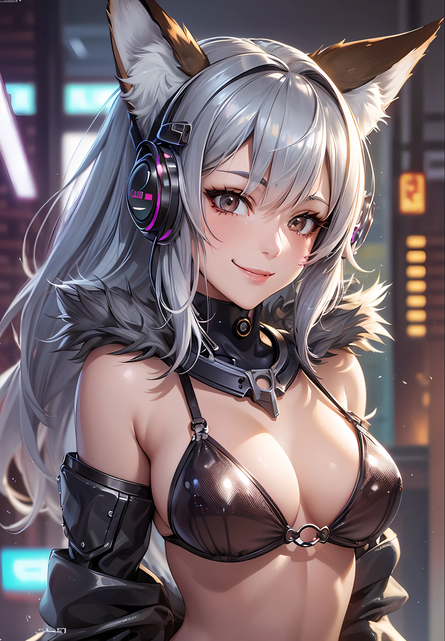 Cool fox tail, upper body, perfect face, fox ears, fox fur, random hair color, random hairstyle, (super detail)), (((illustration)), front view, woman, smile, happiness, various metal background, laboratory, cyberpunk, highly detailed CG Unity 8k wallpaper, ultra thin sheer mini micro bikini top, Ultra Thin Sheer Mini Micro Bikini Bottoms
