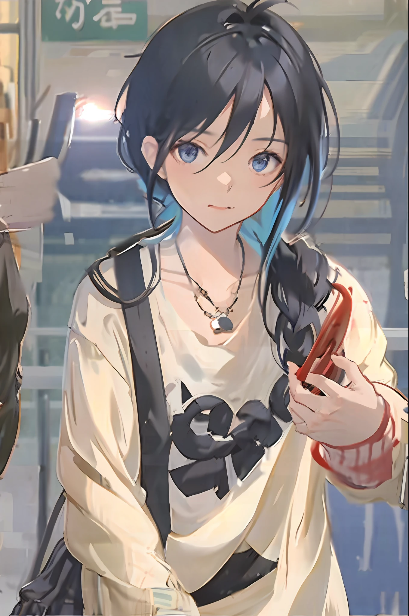 1girl, apple, bag, bangs, berries, black hair, black shirt, blue eyes, hair between eyes, jewelry, leaves, looking at the audience, male focus, necklace, pants, shirt, solo, watch, white pants, watch, messy hair, trends on artstation, 8k resolution, very detailed, anatomically correct, clear images, digital painting, concept art, fashion trends on pixiv, Makoto Shinkai's style,