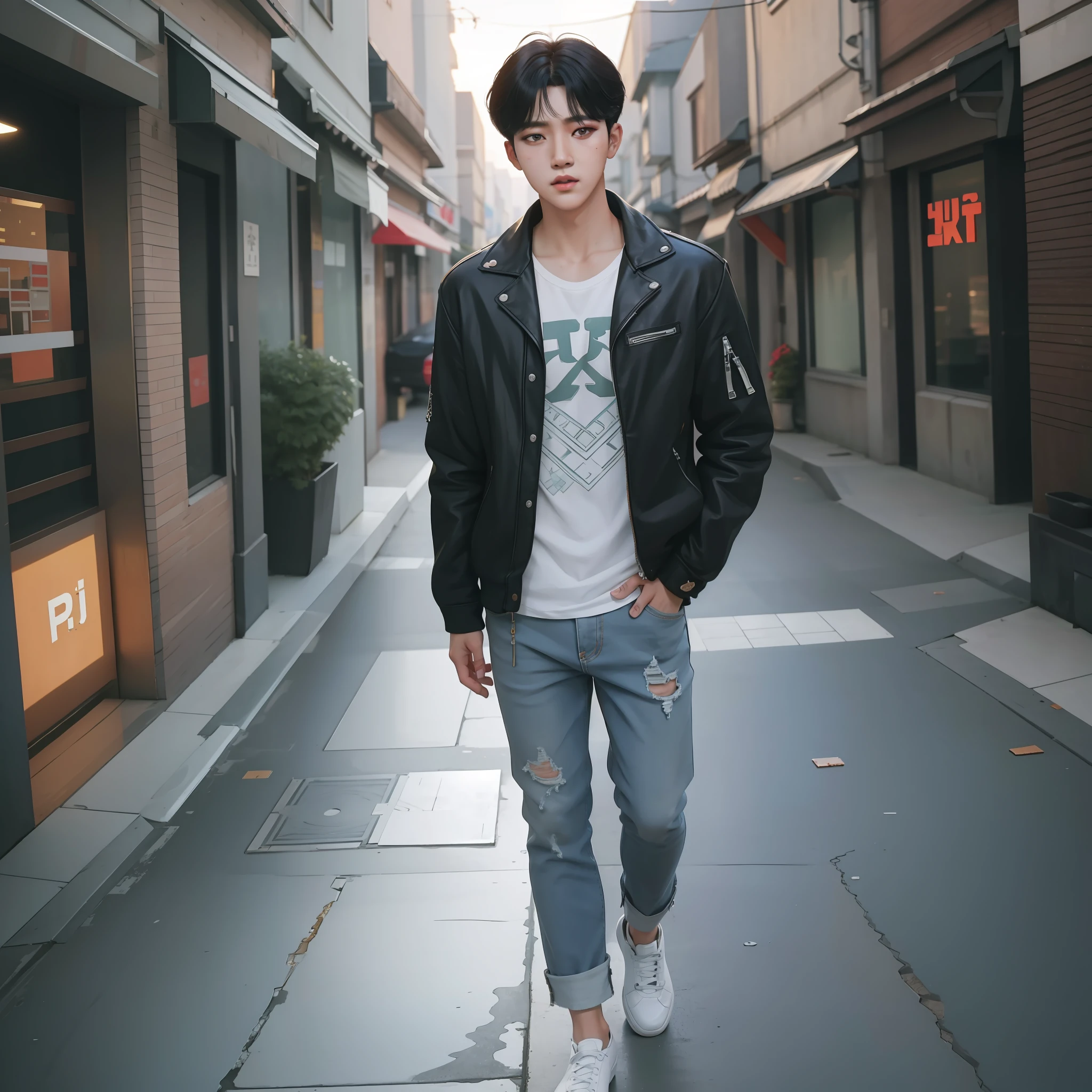 (Aerial view), dynamic angle, ultra-detailed, (standing), (full body), 1boy, ((j-hope)), a beautiful Asian boy, short black hair, beautiful face detailed insipirado in idol, urban clothes, sexy atmosphere, photorealistic, masterpiece, artwork, intricate details, 8k, nikon RAW photo, fujifilm XT3, best quality, high resolution