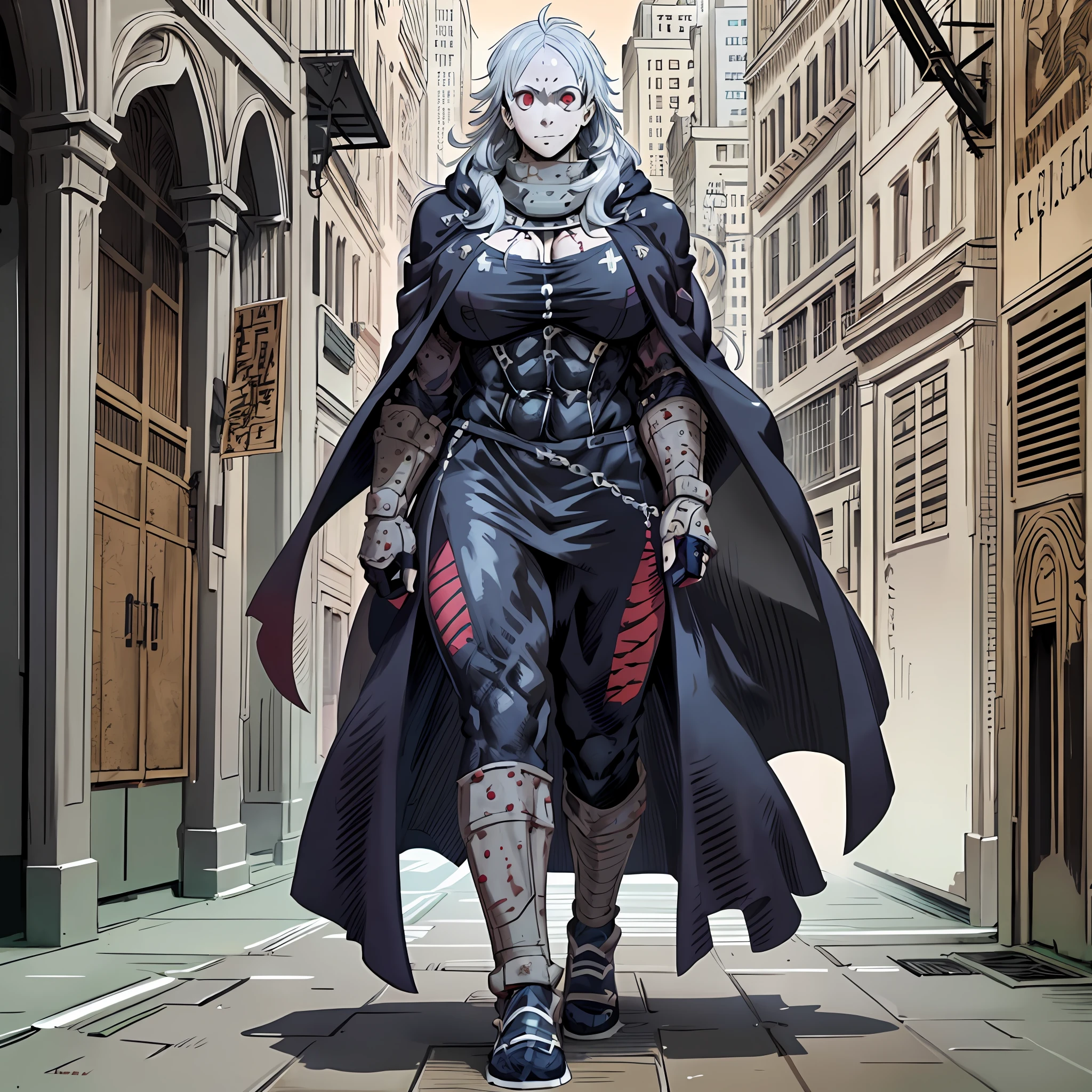 noi_dorohedoro, noi, muscular girl, huge chest, tall woman, priestess, martial art, modest, fully clothed, bent, pants, cloak, priestess, holy, walking, smile, coat, medieval, unmasked, nun, cloak,walking