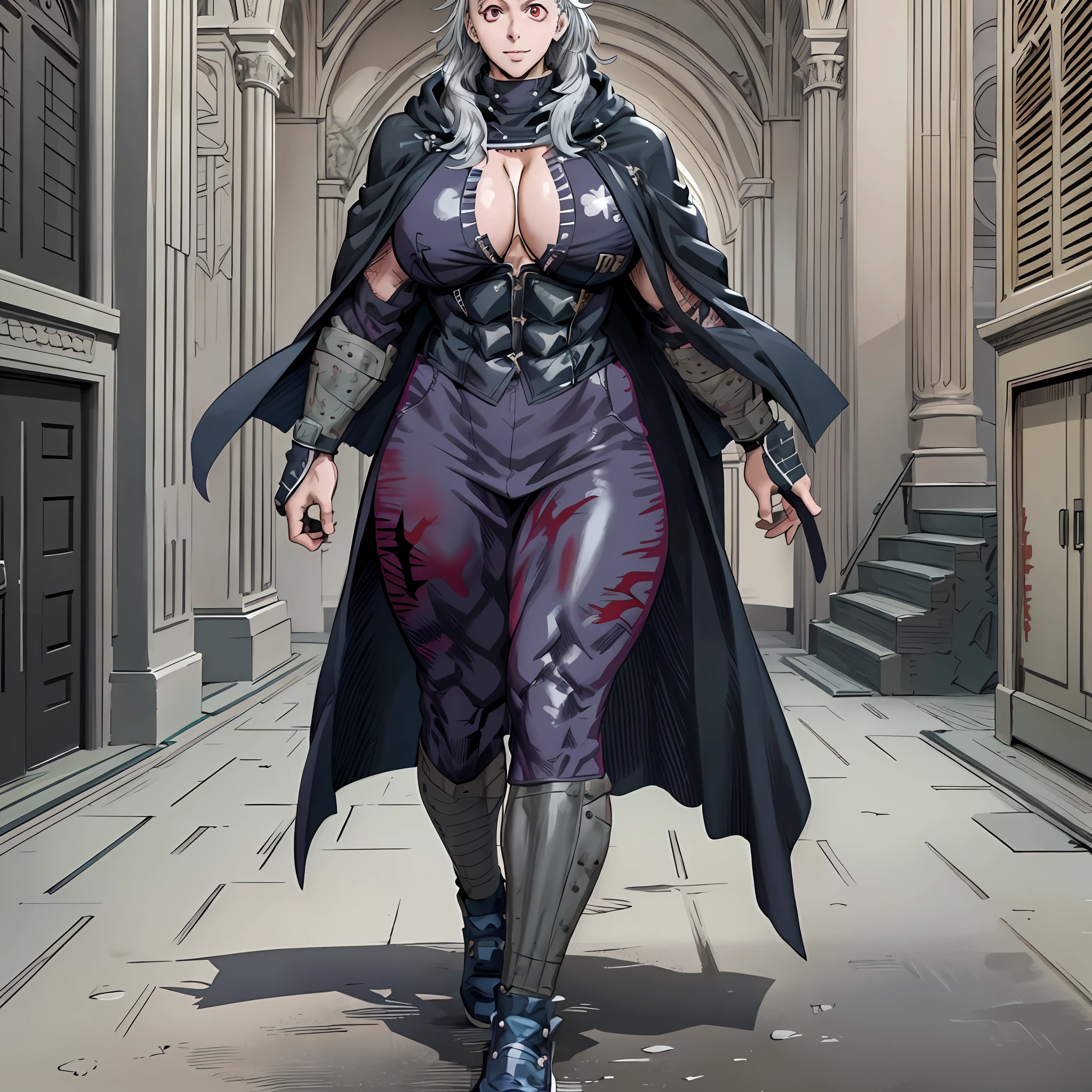 noi_dorohedoro, noi, muscular girl, huge chest, tall woman, priestess, martial art, modest, fully clothed, bent, pants, cloak, priestess, holy, walking, smile, coat, medieval, unmasked, nun, cloak,walking