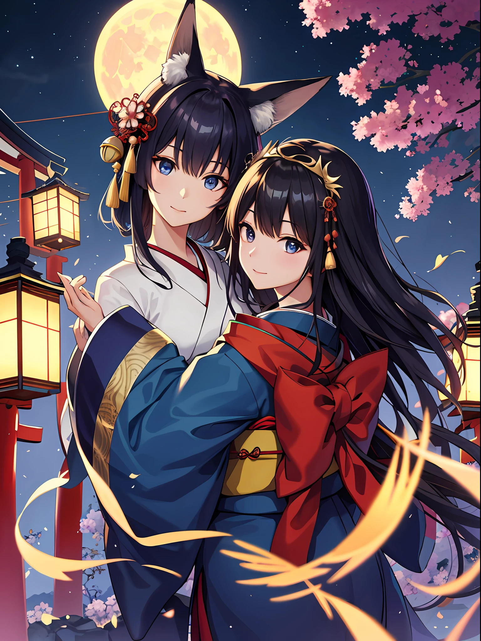 (absurdres, highres, ultra detailed), close-up of face, emphasis on face, focus on face, one woman, mature woman, aged, long straight hair, shiny beautiful hair, blue eyes, bangs, long sleeves, finely drawn eyes and detailed face, eye highlights, hands without breaks, rich Lighting, Highly detailed CG unified 8K wallpaper, Intricate details, Portrait, Gazing, Solo, Half shot, Fine drawn face, Soft smile, Dynamic pose, Classical period, (Ancient Japanese Subject: 1.1), Japanese mythology, Fox ears, Fluffy, Japanese, ruler Japanese, blue kimono, floral kimono, ancient themes, (Prosperous Civilization: 1.1), moon in background, (Immaculate: 1.1) shrine, torii gate, Japanese landscape, ancient city in background, fox mask, fantastic, dreamy, dancing lights, lanterns, somber, night, darkness, stars, portrait, cinematic lighting, flower diadem, having a date