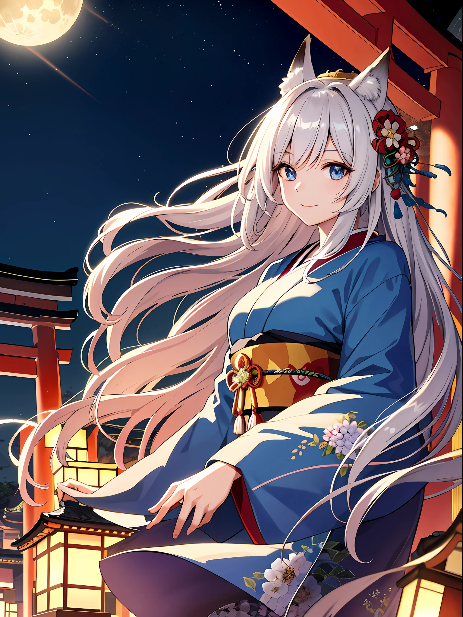 (absurdres, highres, ultra detailed), close-up of face, emphasis on face, focus on face, one woman, mature woman, aged, long straight hair, shiny beautiful hair, blue eyes, bangs, long sleeves, finely drawn eyes and detailed face, eye highlights, hands without breaks, rich Lighting, Highly detailed CG unified 8K wallpaper, Intricate details, Portrait, Gazing, Solo, Half shot, Fine drawn face, Soft smile, Dynamic pose, Classical period, (Ancient Japanese Subject: 1.1), Japanese mythology, Fox ears, Fluffy, Japanese, ruler Japanese, blue kimono, floral kimono, ancient themes, (Prosperous Civilization: 1.1), moon in background, (Immaculate: 1.1) shrine, torii gate, Japanese landscape, ancient city in background, fox mask, fantastic, dreamy, dancing lights, lanterns, somber, night, darkness, stars, portrait, cinematic lighting, flower diadem, having a date