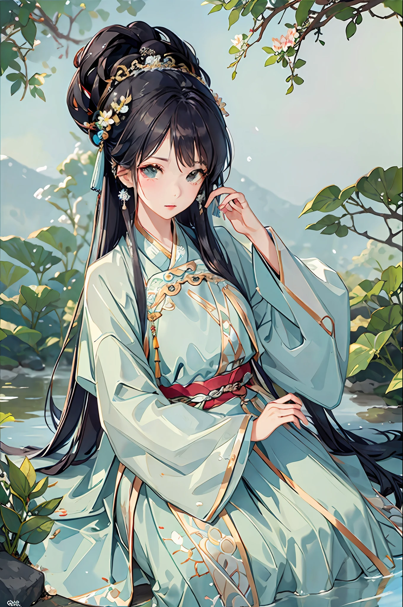 Best quality, intricate details, high resolution, (beautiful details water: 1.4), (Hanfu, Tang style)