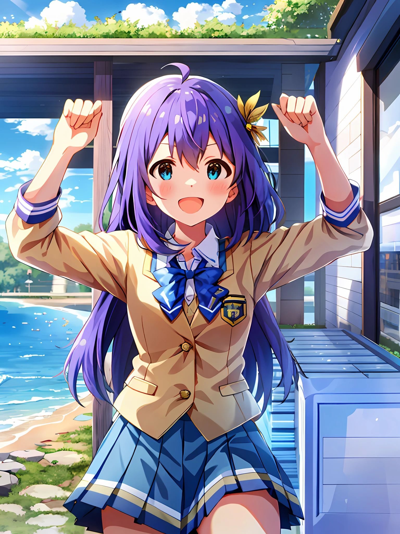 Anna Mochizuki (Million Live), Shiny Trinity \ (Costume), (Top Quality, 8K, Masterpiece, Super Detail: 1.2), Sea, Sun, Mottled Daylight, Blue Sky, Beautiful Clouds, 1 Girl, Solo, Skirt, Straight Face, V, View Viewer, White Sailor Color, Blue Shirt, Sailor Color, Blue Skirt, Pleated Skirt, Short Sleeve, :d, Shirt, School Uniform, Blush, Serafuk, Clavicle, Bow, Ribbon, blue bow.spread arms.chest. make a fist..