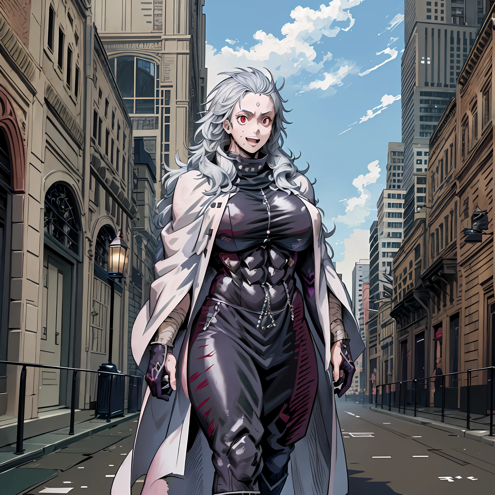 noi_dorohedoro, noi, muscular girl, huge chest, tall woman, priestess, martial art, modest, fully clothed, bent, pants, cloak, priestess, holy, walking, smile, coat, medieval, unmasked, nun, cloak,walking