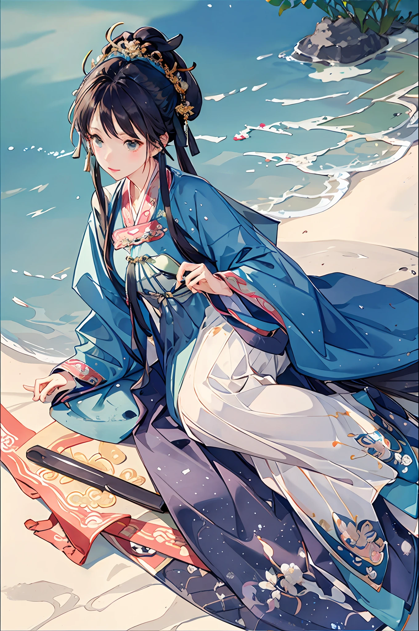 Best quality, intricate details, high resolution, (beautiful details water: 1.4), (Hanfu, Tang style)