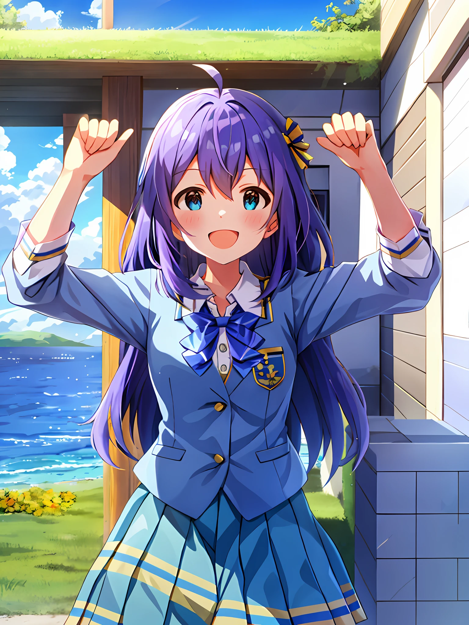Anna Mochizuki (Million Live), Shiny Trinity \ (Costume), (Top Quality, 8K, Masterpiece, Super Detail: 1.2), Sea, Sun, Mottled Daylight, Blue Sky, Beautiful Clouds, 1 Girl, Solo, Skirt, Straight Face, V, View Viewer, White Sailor Color, Blue Shirt, Sailor Color, Blue Skirt, Pleated Skirt, Short Sleeve, :d, Shirt, School Uniform, Blush, Serafuk, Clavicle, Bow, Ribbon, blue bow.spread arms.chest. make a fist..