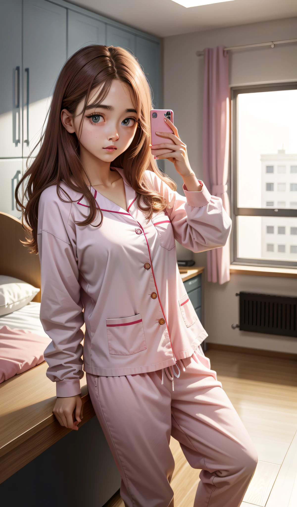 In the university dormitory, a girl, 22 years old, big eyes, realistic, holding a cell phone in her hand, she is wearing long pants, pink pajamas, brown hair.