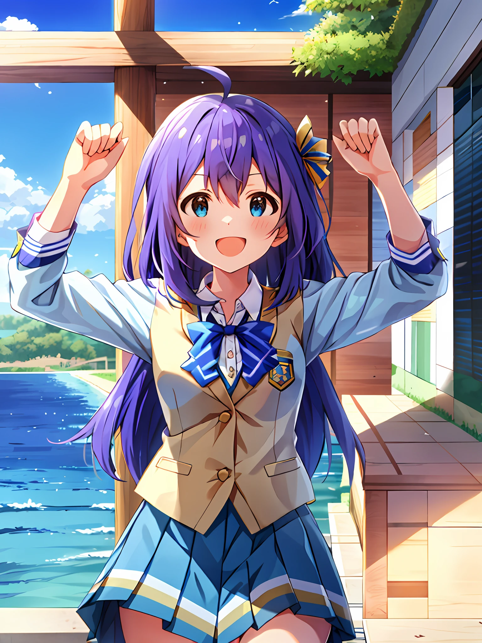 Anna Mochizuki (Million Live), Shiny Trinity \ (Costume), (Top Quality, 8K, Masterpiece, Super Detail: 1.2), Sea, Sun, Mottled Daylight, Blue Sky, Beautiful Clouds, 1 Girl, Solo, Skirt, Straight Face, V, View Viewer, White Sailor Color, Blue Shirt, Sailor Color, Blue Skirt, Pleated Skirt, Short Sleeve, :d, Shirt, School Uniform, Blush, Serafuk, Clavicle, Bow, Ribbon, blue bow.spread arms.chest. make a fist..