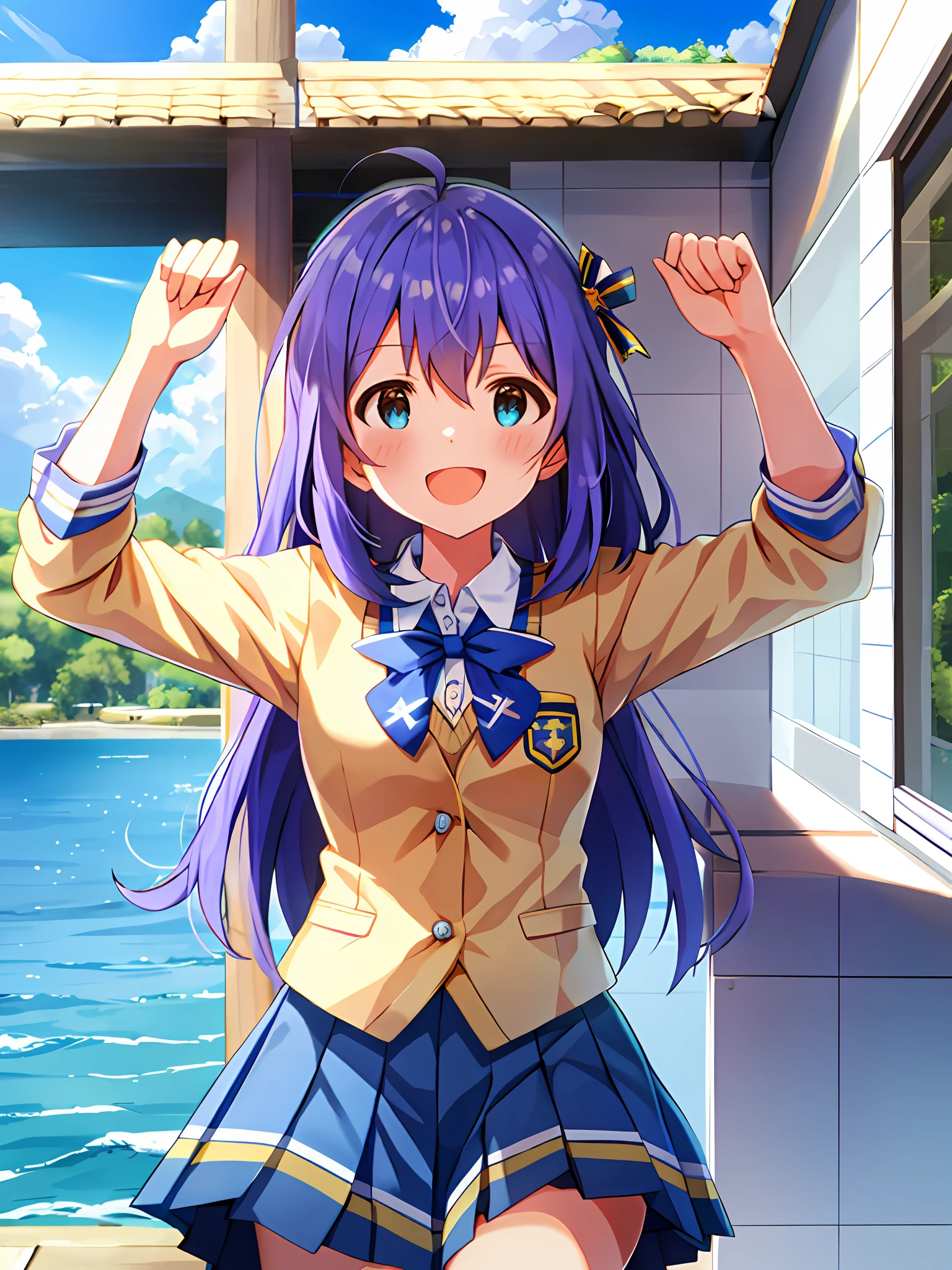 Anna Mochizuki (Million Live), Shiny Trinity \ (Costume), (Top Quality, 8K, Masterpiece, Super Detail: 1.2), Sea, Sun, Mottled Daylight, Blue Sky, Beautiful Clouds, 1 Girl, Solo, Skirt, Straight Face, V, View Viewer, White Sailor Color, Blue Shirt, Sailor Color, Blue Skirt, Pleated Skirt, Short Sleeve, :d, Shirt, School Uniform, Blush, Serafuk, Clavicle, Bow, Ribbon, blue bow.spread arms.chest. make a fist..