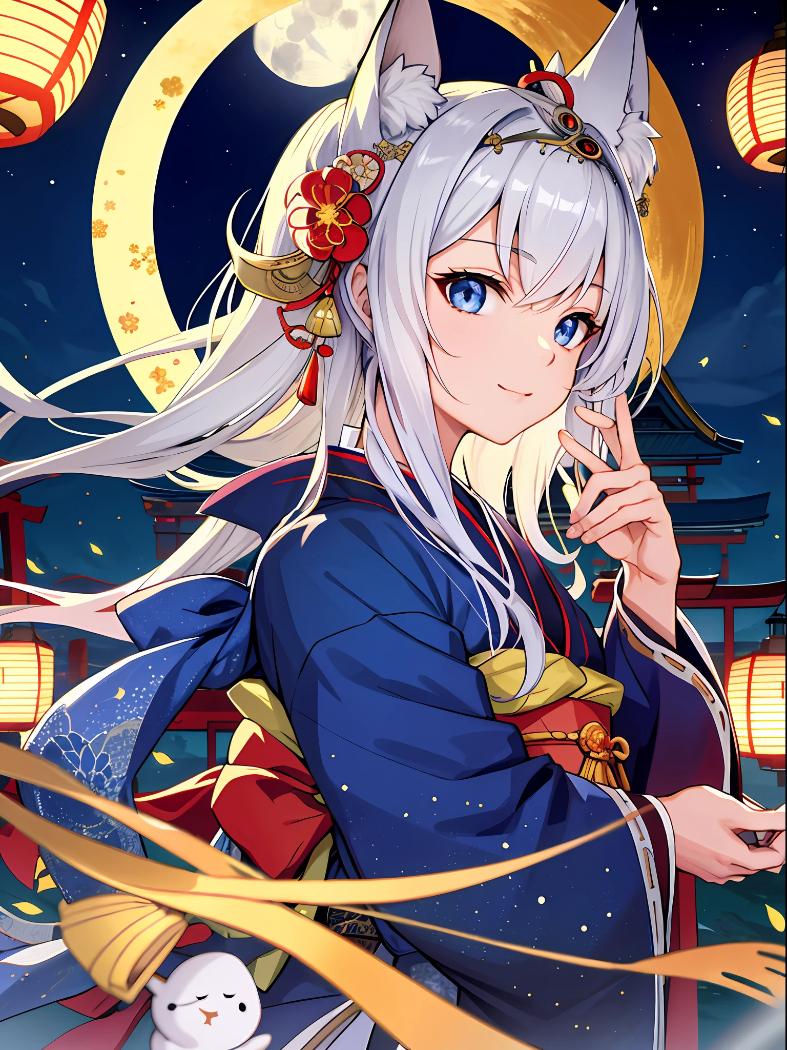 (absurdres, highres, ultra detailed), close-up of face, emphasis on face, focus on face, one woman, mature woman, aged, long straight hair, shiny beautiful hair, blue eyes, bangs, long sleeves, finely drawn eyes and detailed face, eye highlights, hands without breaks, rich Lighting, Highly detailed CG unified 8K wallpaper, Intricate details, Portrait, Gazing, Solo, Half shot, Fine drawn face, Soft smile, Dynamic pose, Classical period, (Ancient Japanese Subject: 1.1), Japanese mythology, Fox ears, Fluffy, Japanese, ruler Japanese, blue kimono, floral kimono, ancient themes, (Prosperous Civilization: 1.1), moon in background, (Immaculate: 1.1) shrine, torii gate, Japanese landscape, ancient city in background, fox mask, fantastic, dreamy, dancing lights, lanterns, somber, night, darkness, stars, portrait, cinematic lighting, flower diadem, having a date