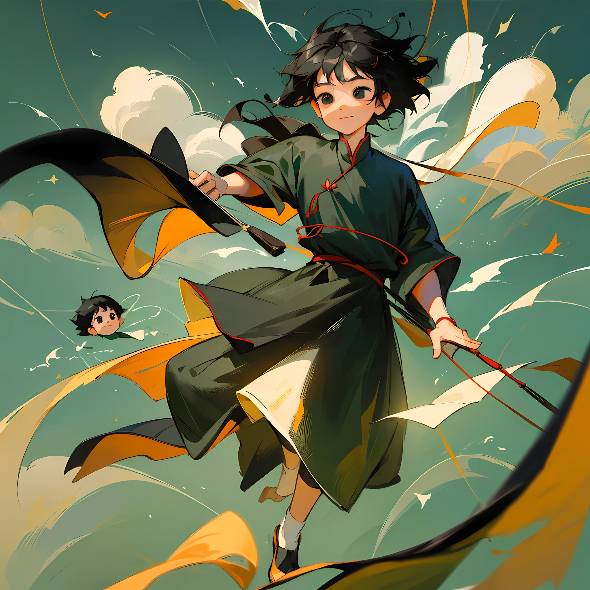 Masterpiece, high quality, men, children, black hair and black eyes, oil painting, Q version, green background, Chinese children's clothing, full body, (single)), kite flying, side, (calm atmosphere), (reduced perspective), smile, delicate and clear facial features, clear five fingers, empty hands